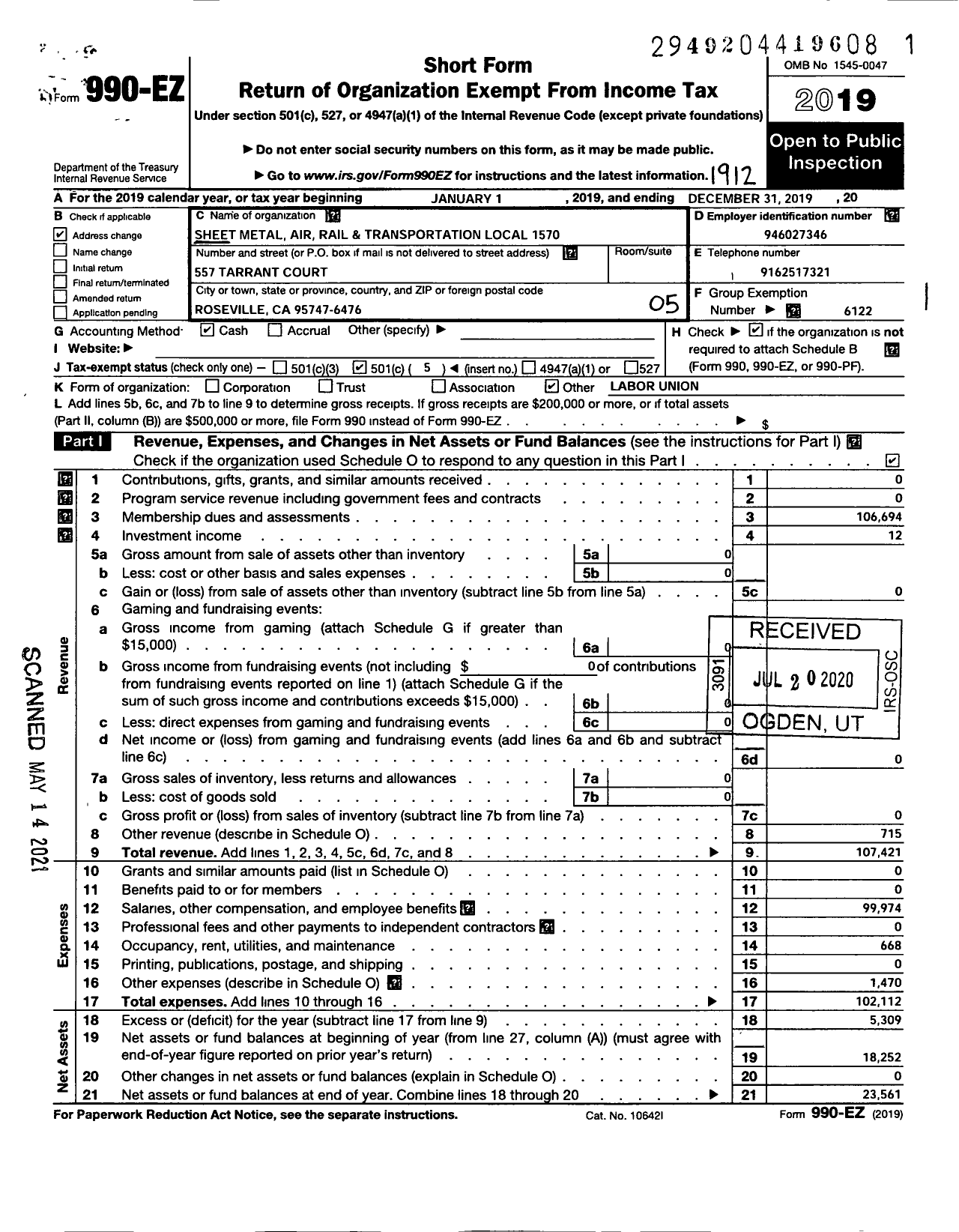 Image of first page of 2019 Form 990EO for Smart Union - 1570 TD