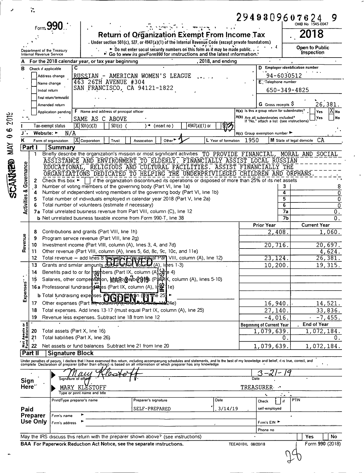 Image of first page of 2018 Form 990 for Russian-American Womens League