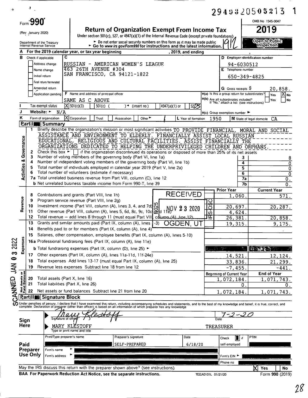 Image of first page of 2019 Form 990 for Russian-American Womens League