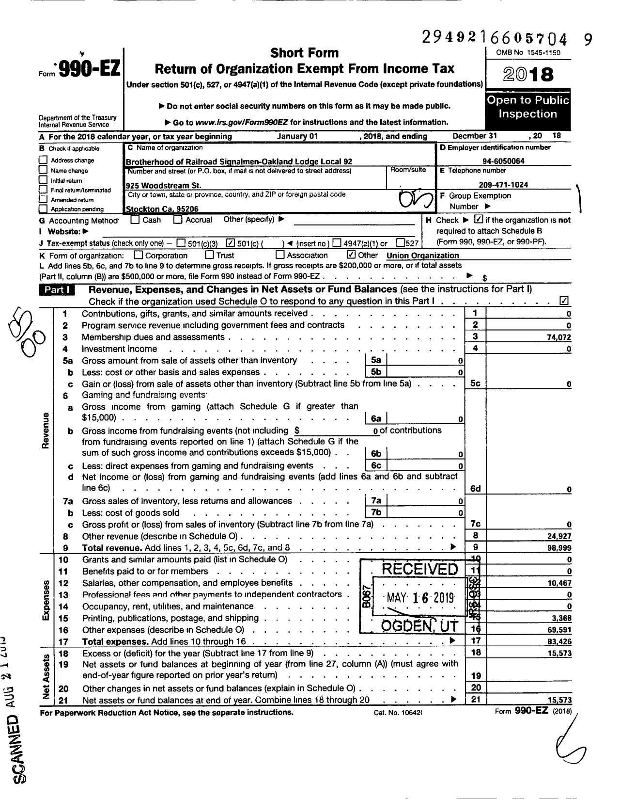 Image of first page of 2018 Form 990EO for BROTHERHOOD OF RAILROAD SIGNALMEN - 92 Oakland Local