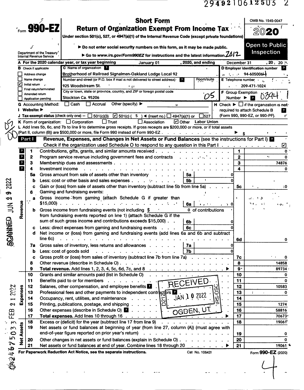 Image of first page of 2020 Form 990EO for BROTHERHOOD OF RAILROAD SIGNALMEN - 92 Oakland Local