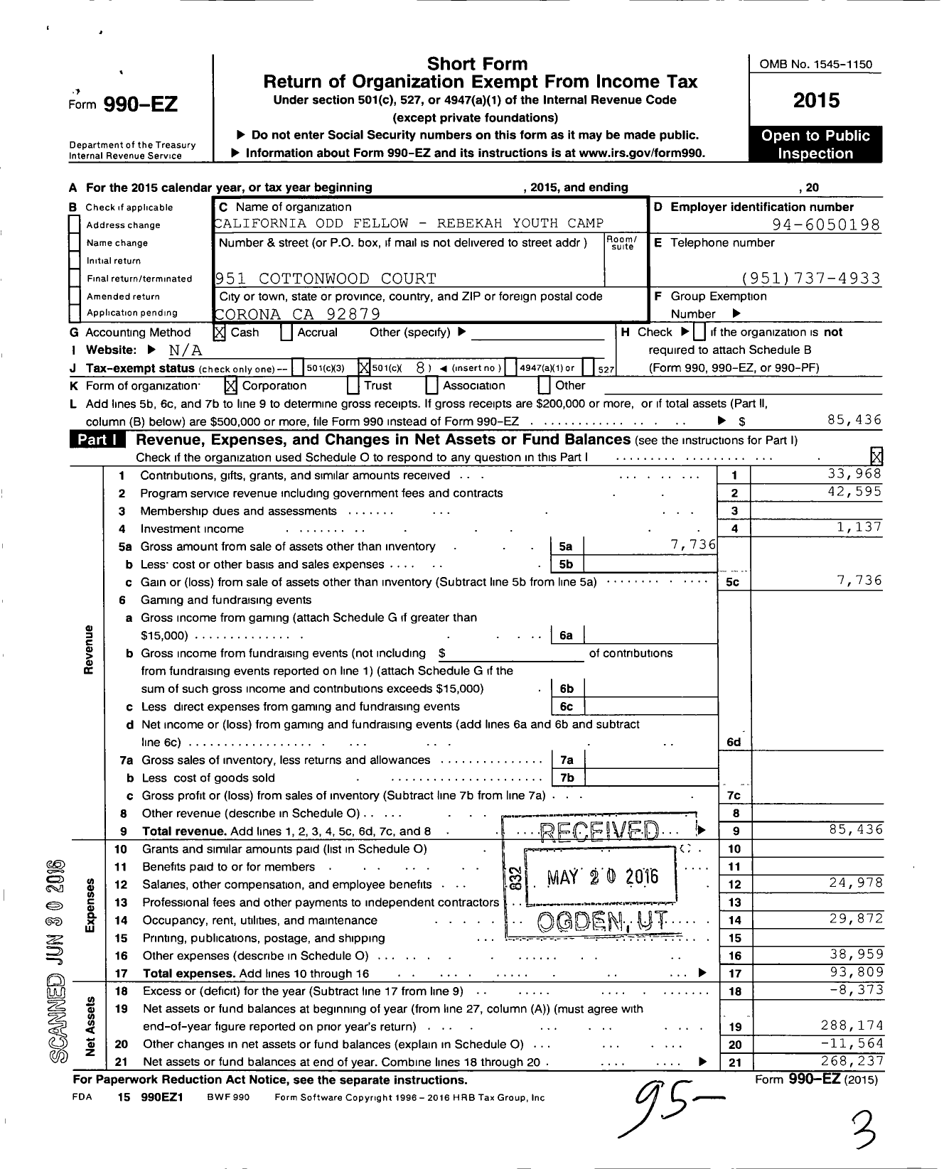 Image of first page of 2015 Form 990EO for Independent Order of Odd Fellows