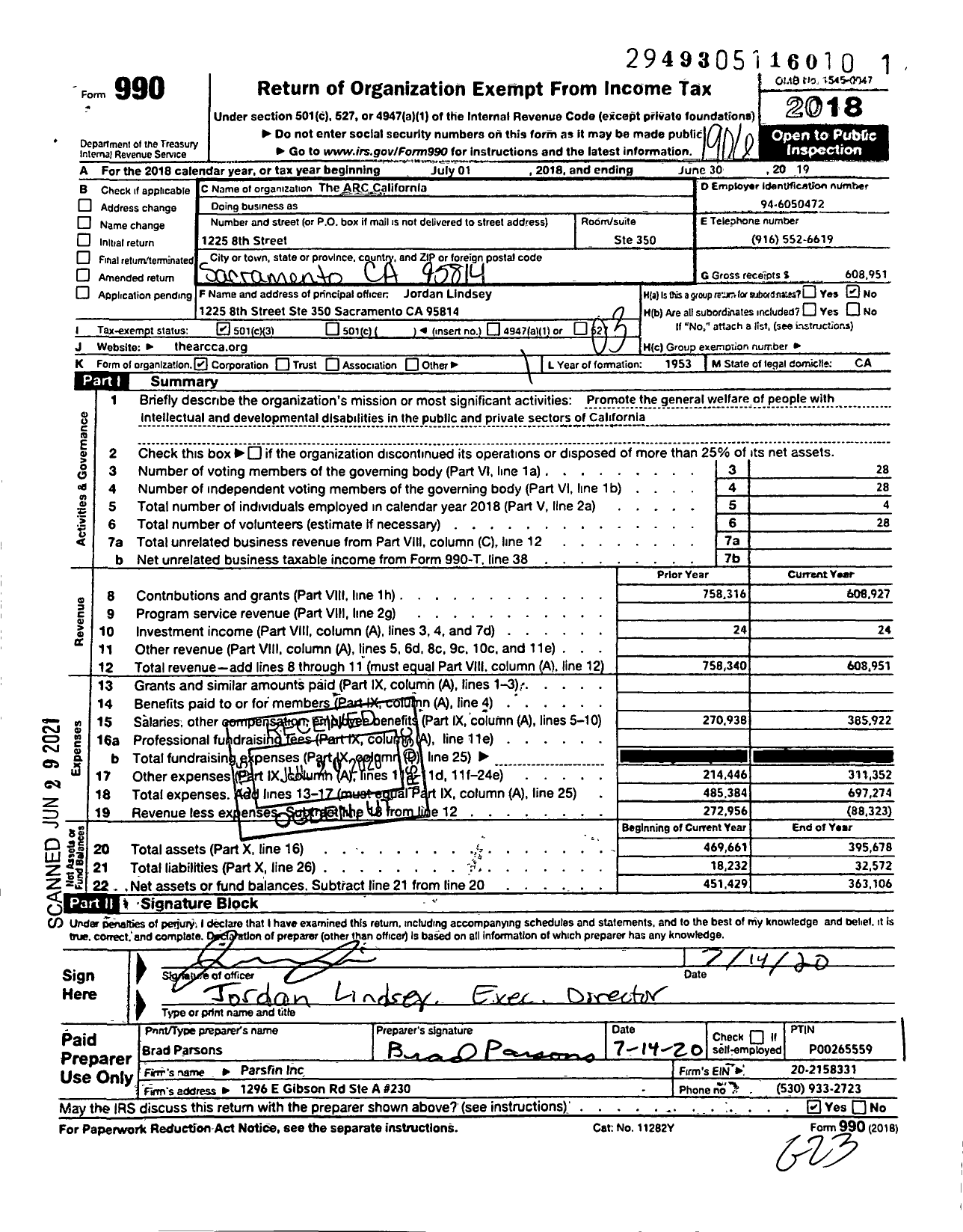 Image of first page of 2018 Form 990 for ARC California