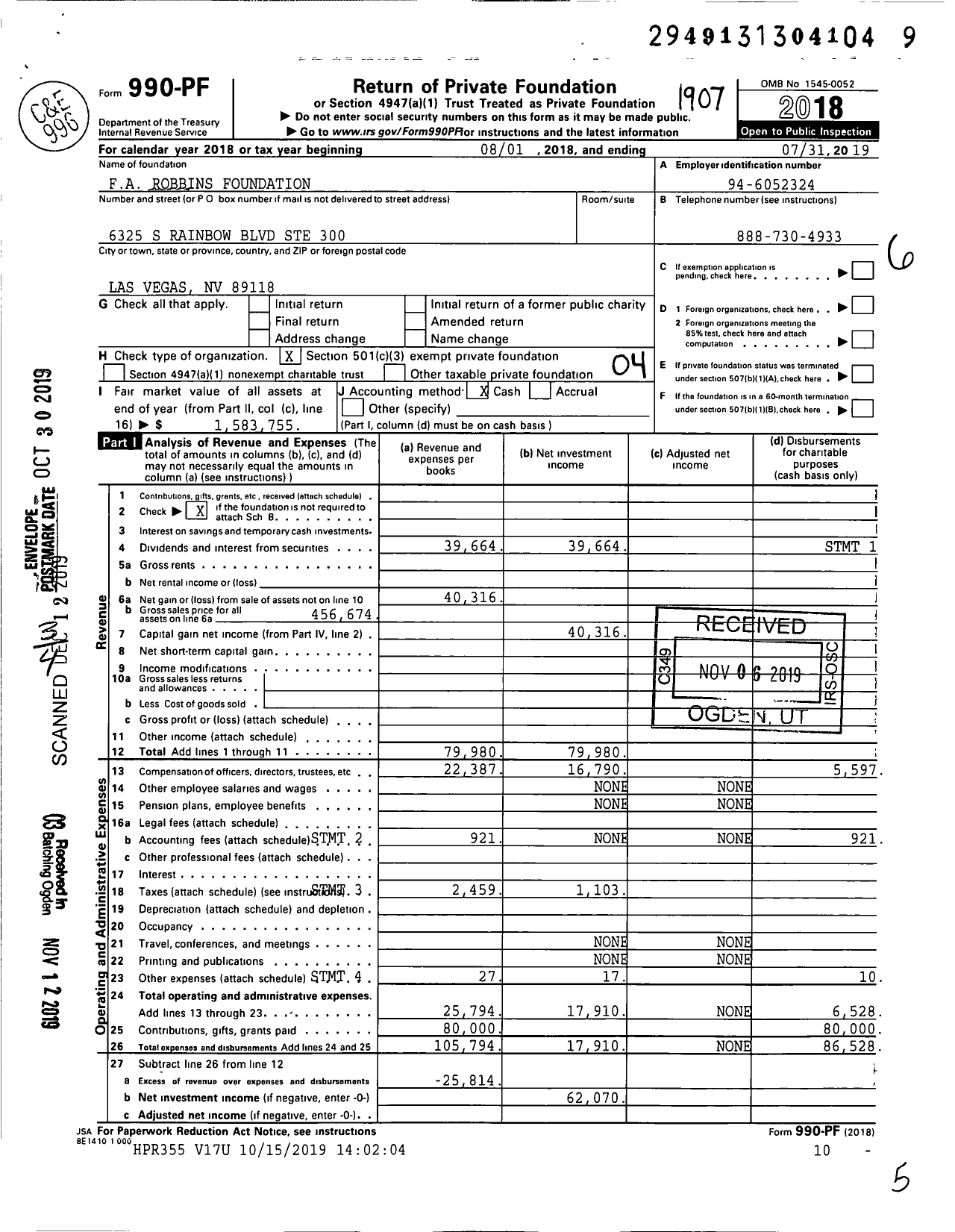 Image of first page of 2018 Form 990PF for Fa Robbins Foundation