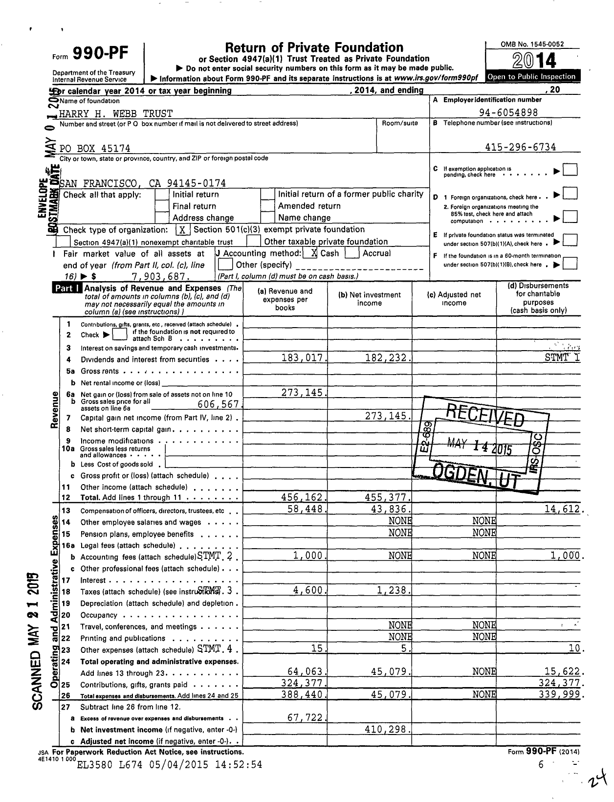 Image of first page of 2014 Form 990PF for Harry H Webb Trust