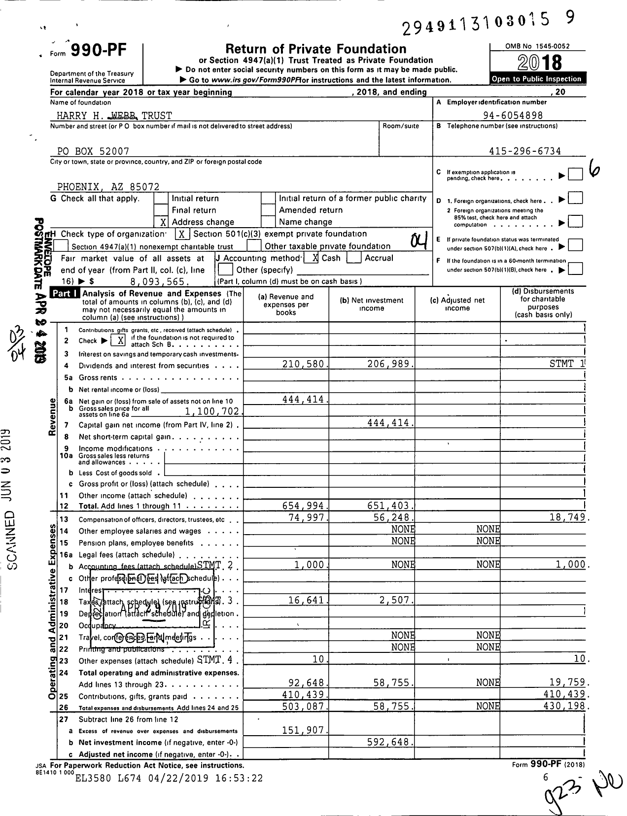 Image of first page of 2018 Form 990PF for Harry H Webb Trust