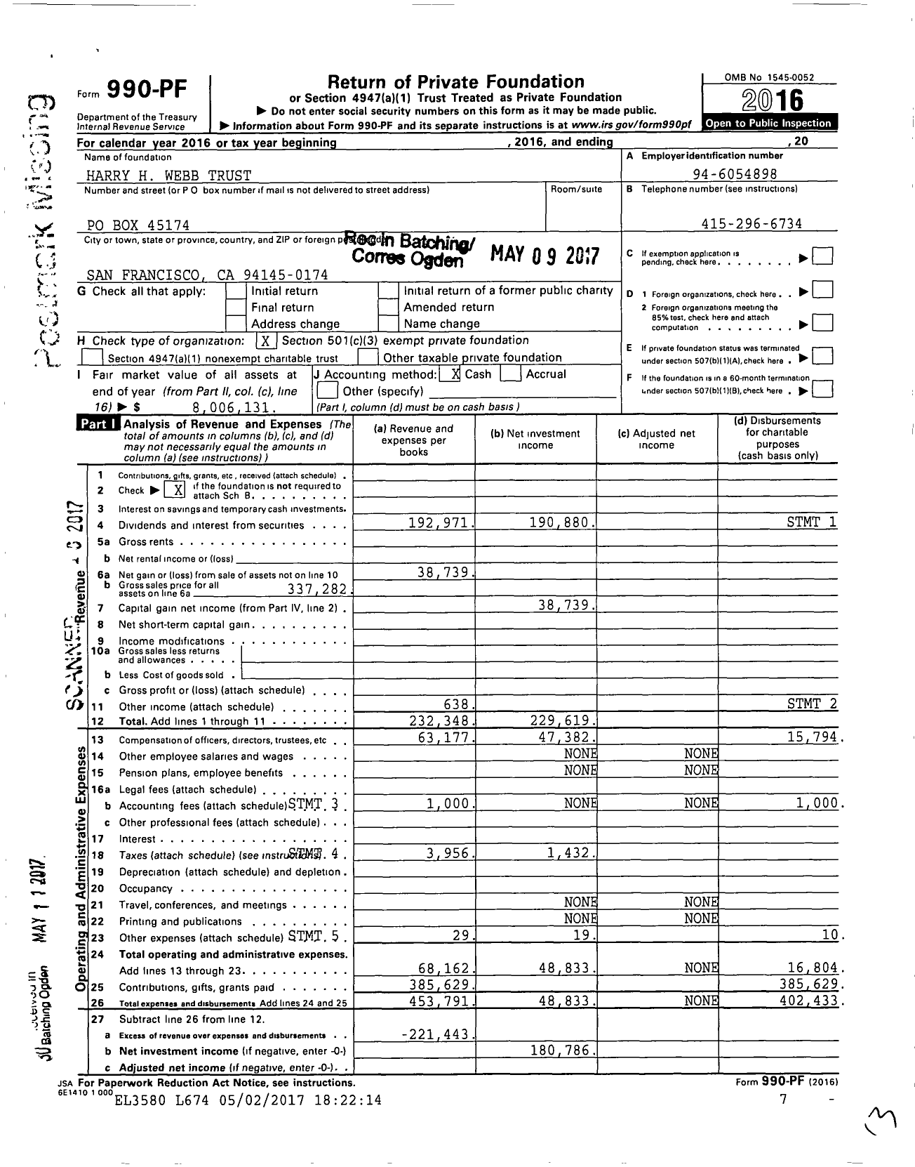 Image of first page of 2016 Form 990PF for Harry H Webb Trust