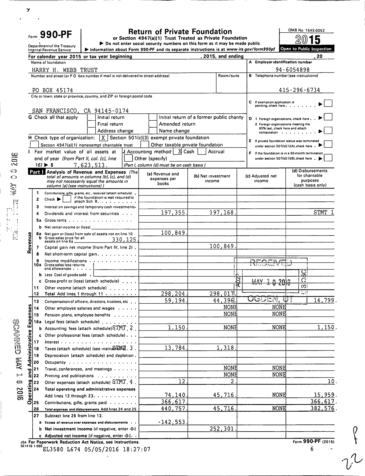 Image of first page of 2015 Form 990PF for Harry H Webb Trust