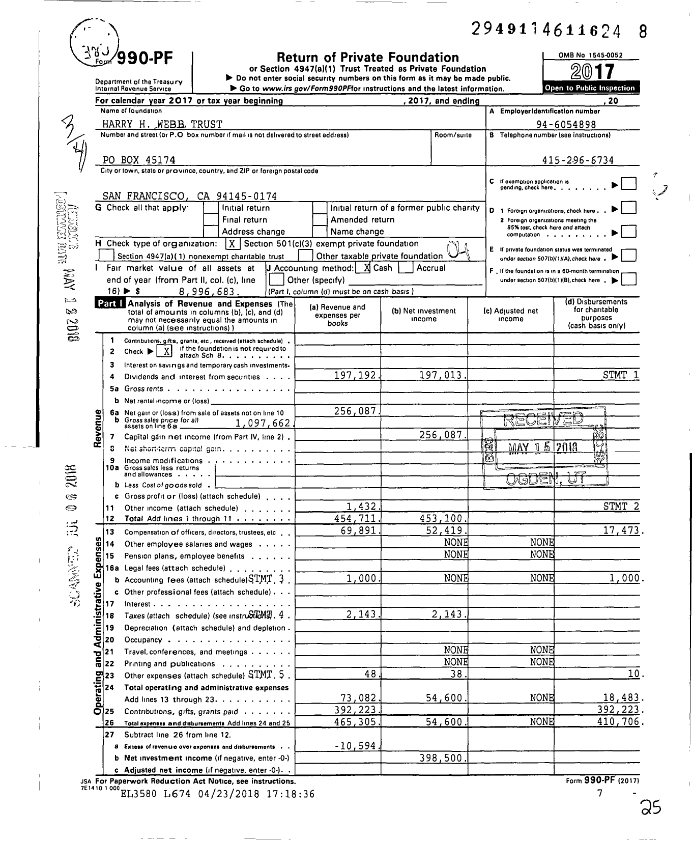 Image of first page of 2017 Form 990PF for Harry H Webb Trust