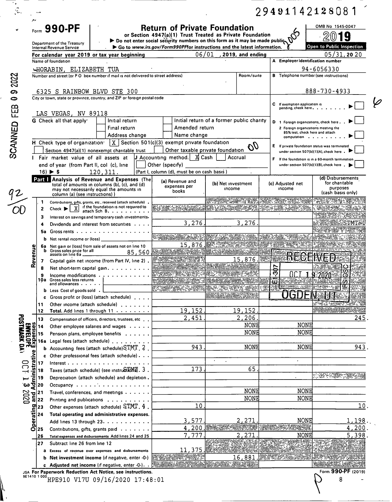 Image of first page of 2019 Form 990PF for Horabin Elizabeth Tua