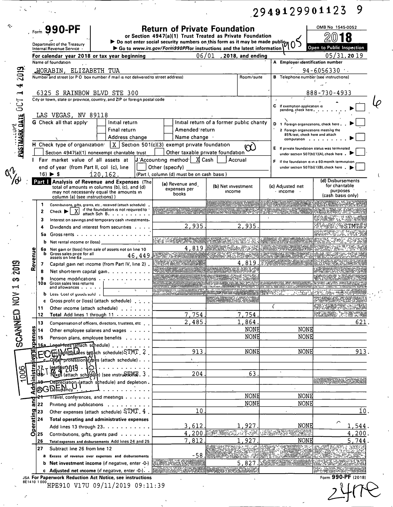 Image of first page of 2018 Form 990PF for Horabin Elizabeth Tua