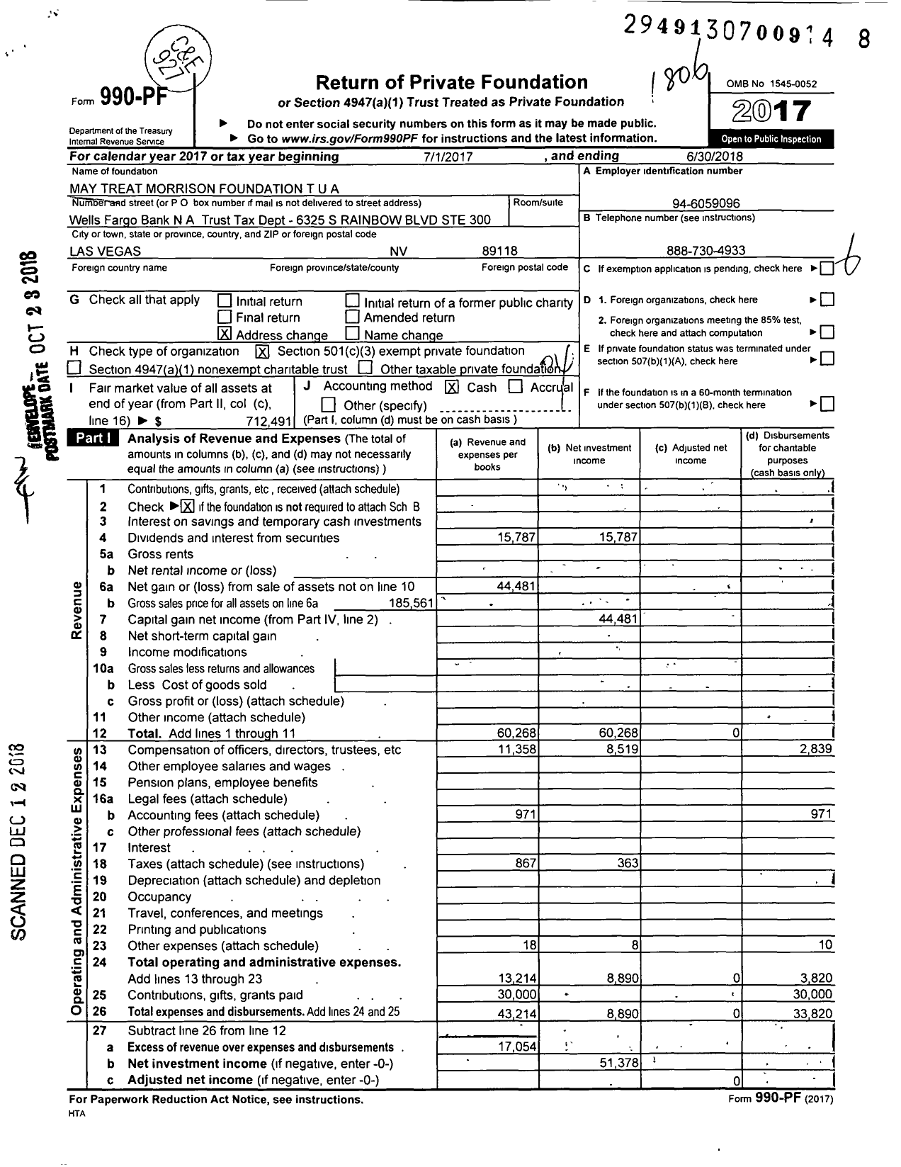 Image of first page of 2017 Form 990PF for May Treat Morrison Foundation Tua