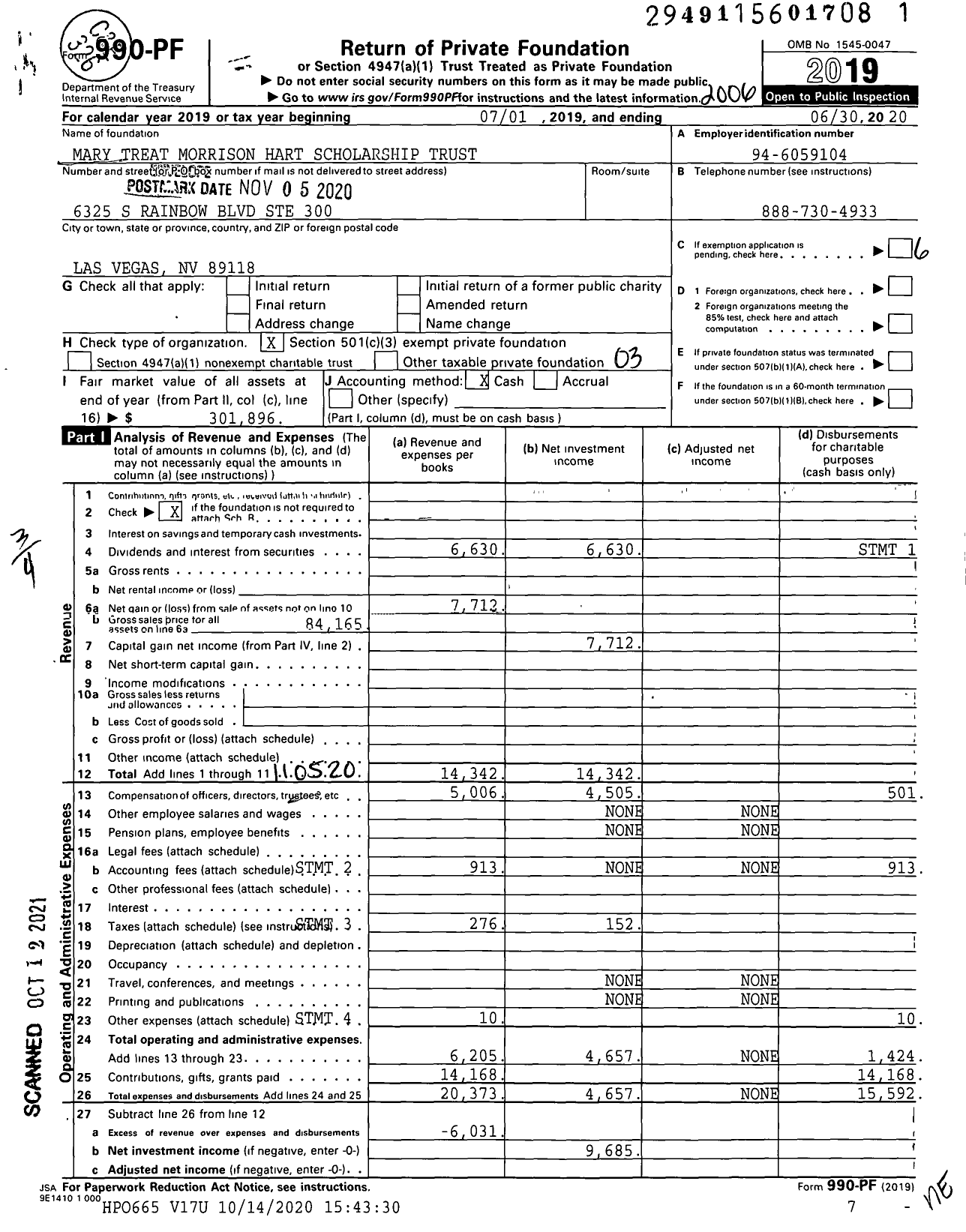 Image of first page of 2019 Form 990PF for Mary Treat Morrison Hart Scholarship Trust