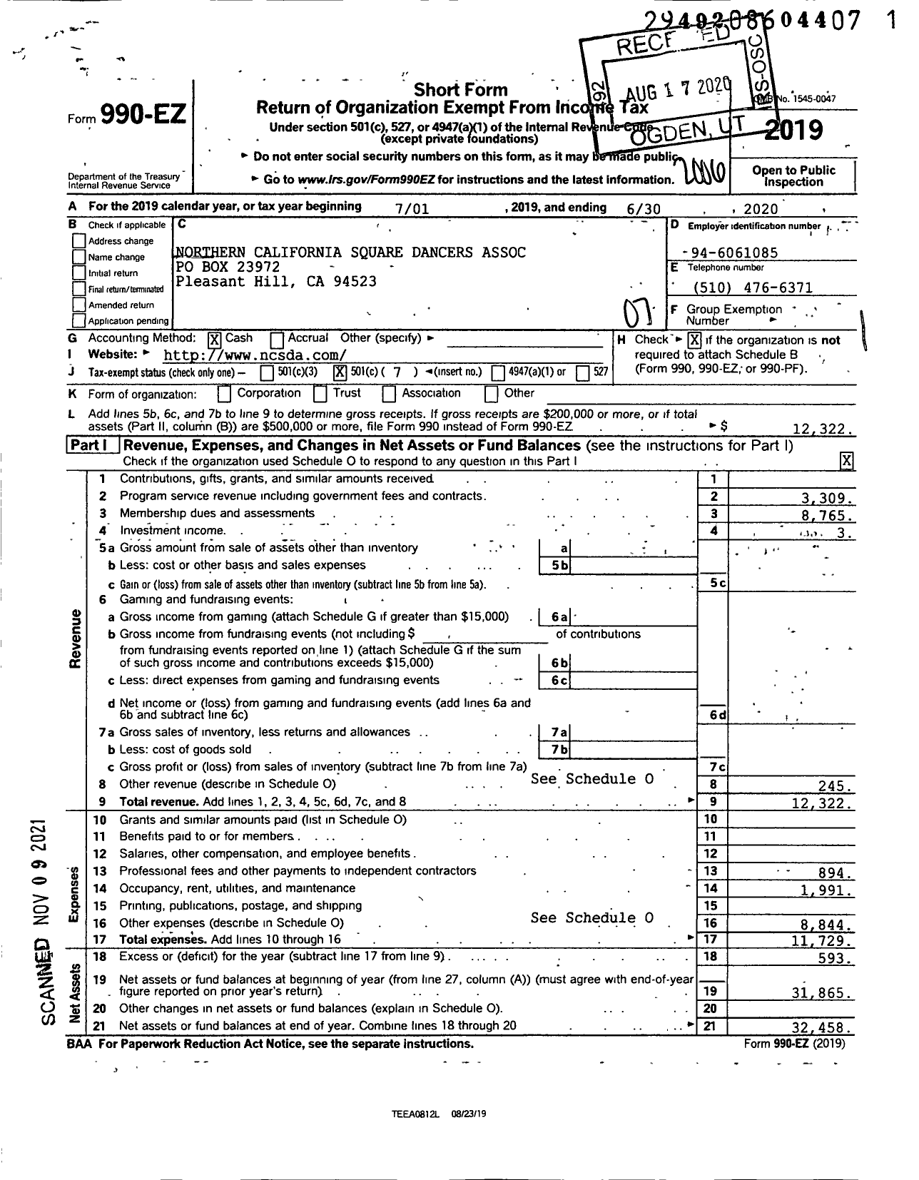 Image of first page of 2019 Form 990EO for Northern California Square Dancers Association