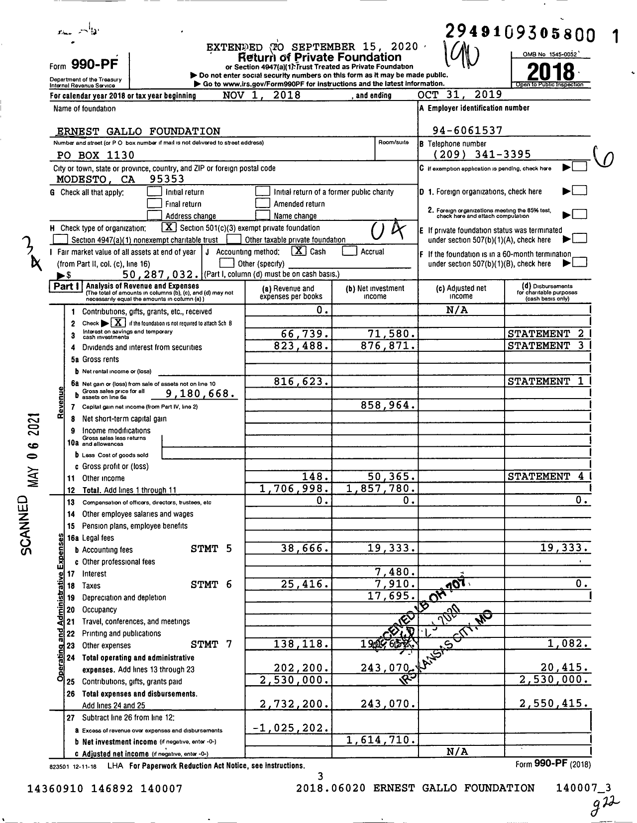 Image of first page of 2018 Form 990PF for Ernest Gallo Foundation