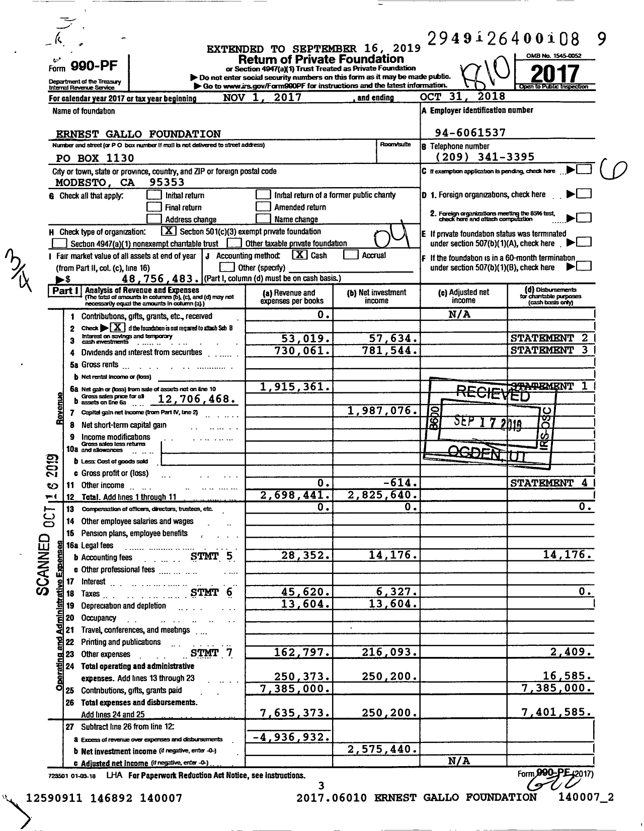 Image of first page of 2017 Form 990PF for Ernest Gallo Foundation