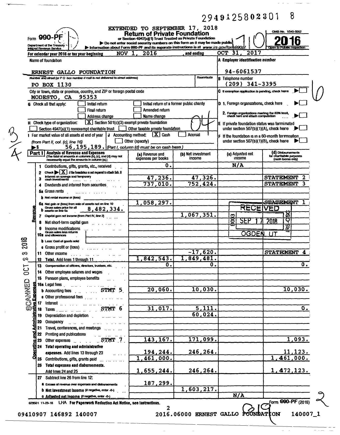 Image of first page of 2016 Form 990PF for Ernest Gallo Foundation