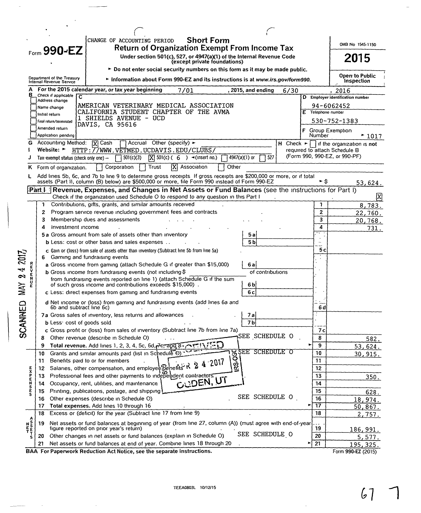 Image of first page of 2015 Form 990EO for American Veterinary Medical Association / California Student Chapter of the Avma