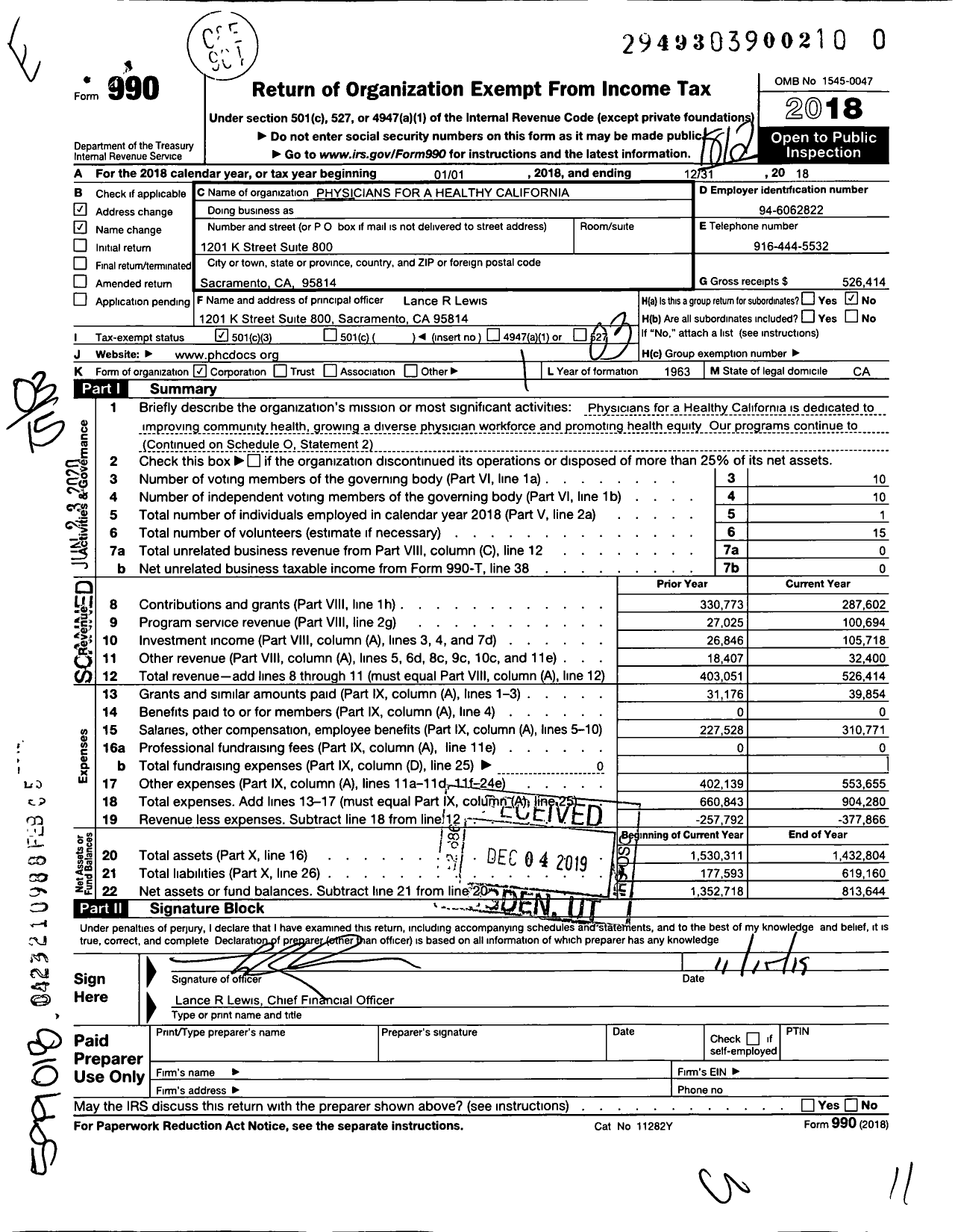 Image of first page of 2018 Form 990 for Physicians for Association Healthy California