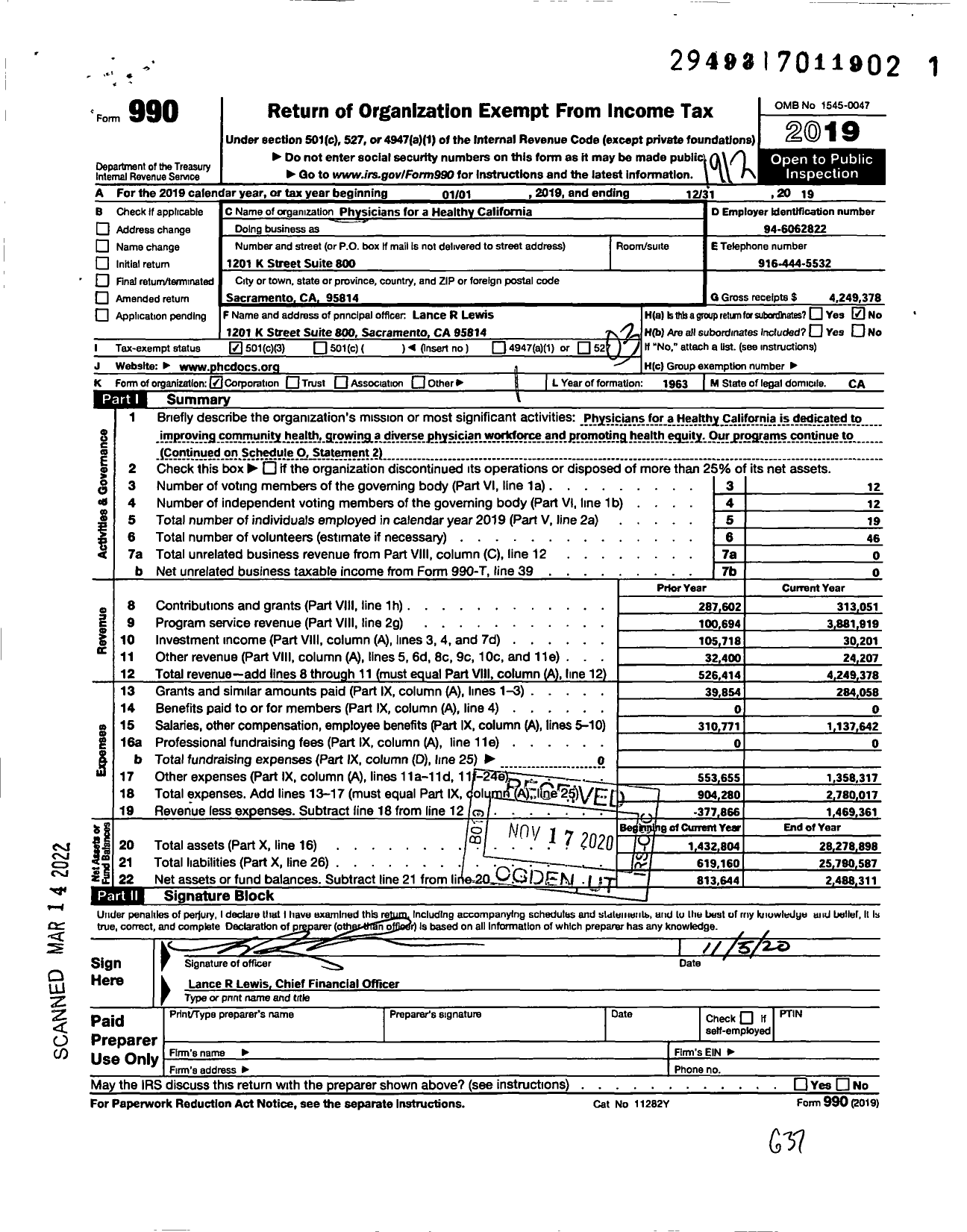 Image of first page of 2019 Form 990 for Physicians for Association Healthy California