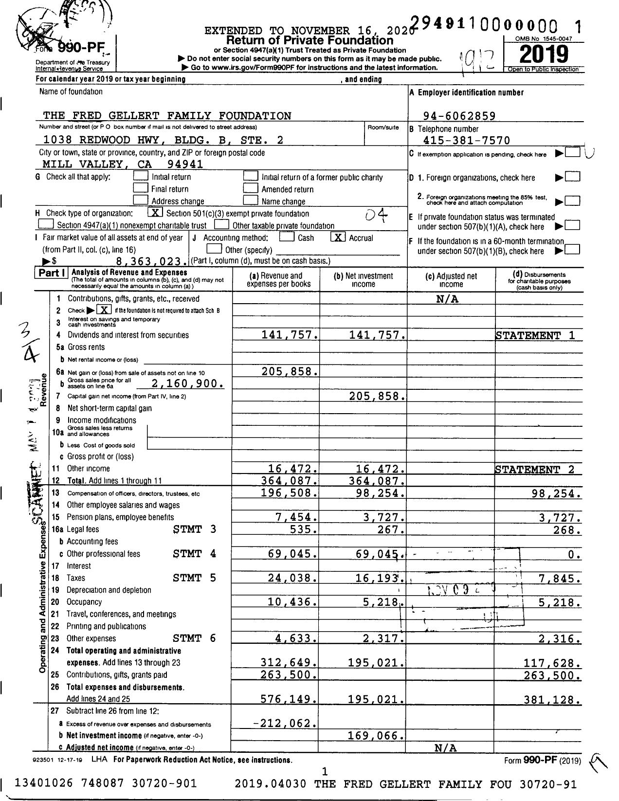 Image of first page of 2019 Form 990PF for The Fred Gellert Family Foundation