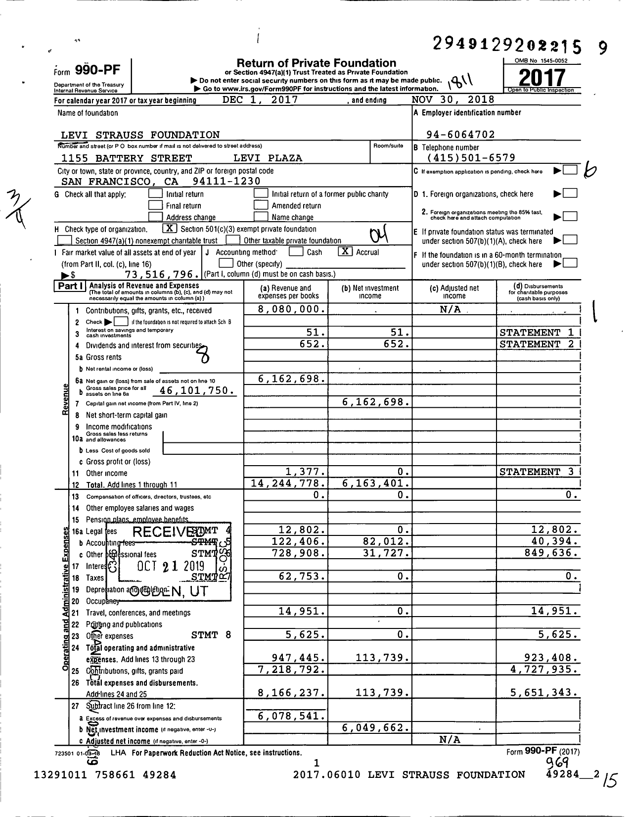 Image of first page of 2017 Form 990PF for Levi Strauss Foundation (LSF)