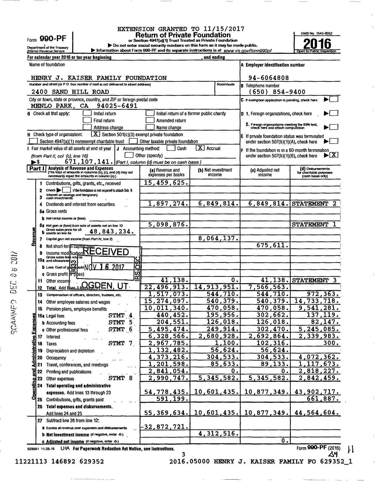 Image of first page of 2016 Form 990PF for Kaiser Family Foundation (KFF)