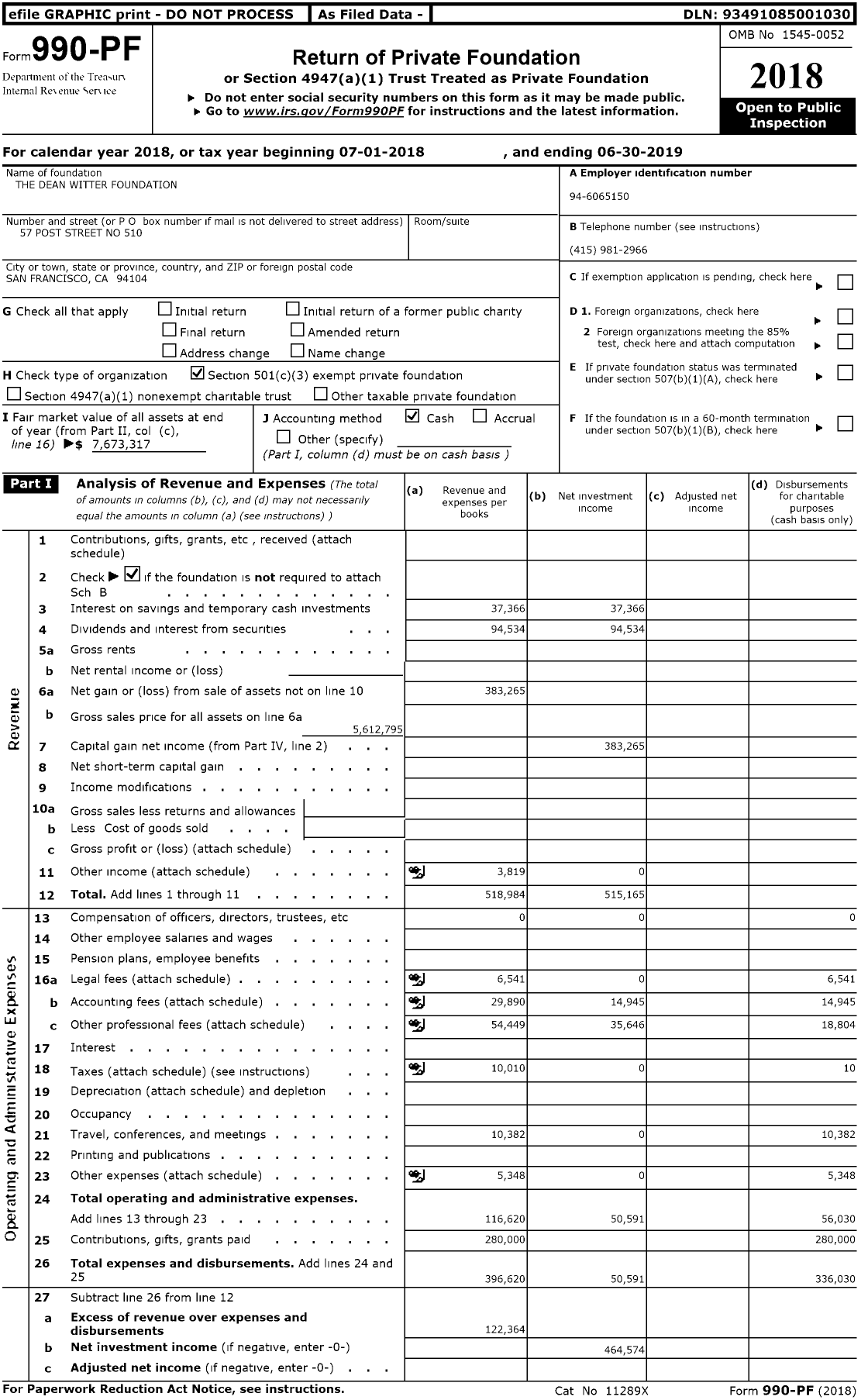 Image of first page of 2018 Form 990PR for The Dean Witter Foundation