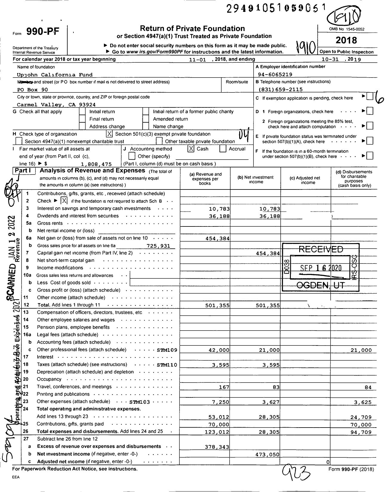 Image of first page of 2018 Form 990PF for Upjohn California Fund