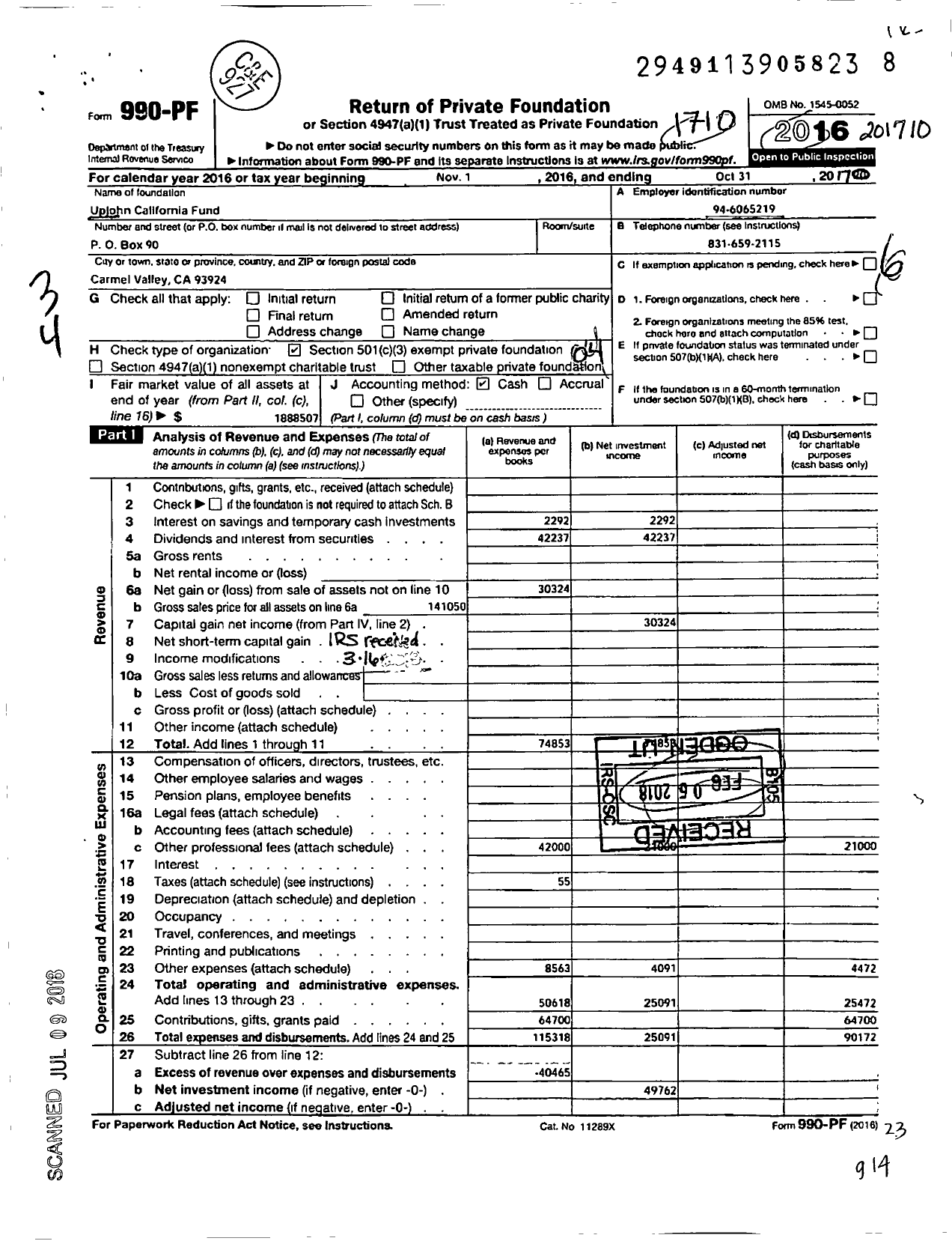 Image of first page of 2016 Form 990PF for Upjohn California Fund