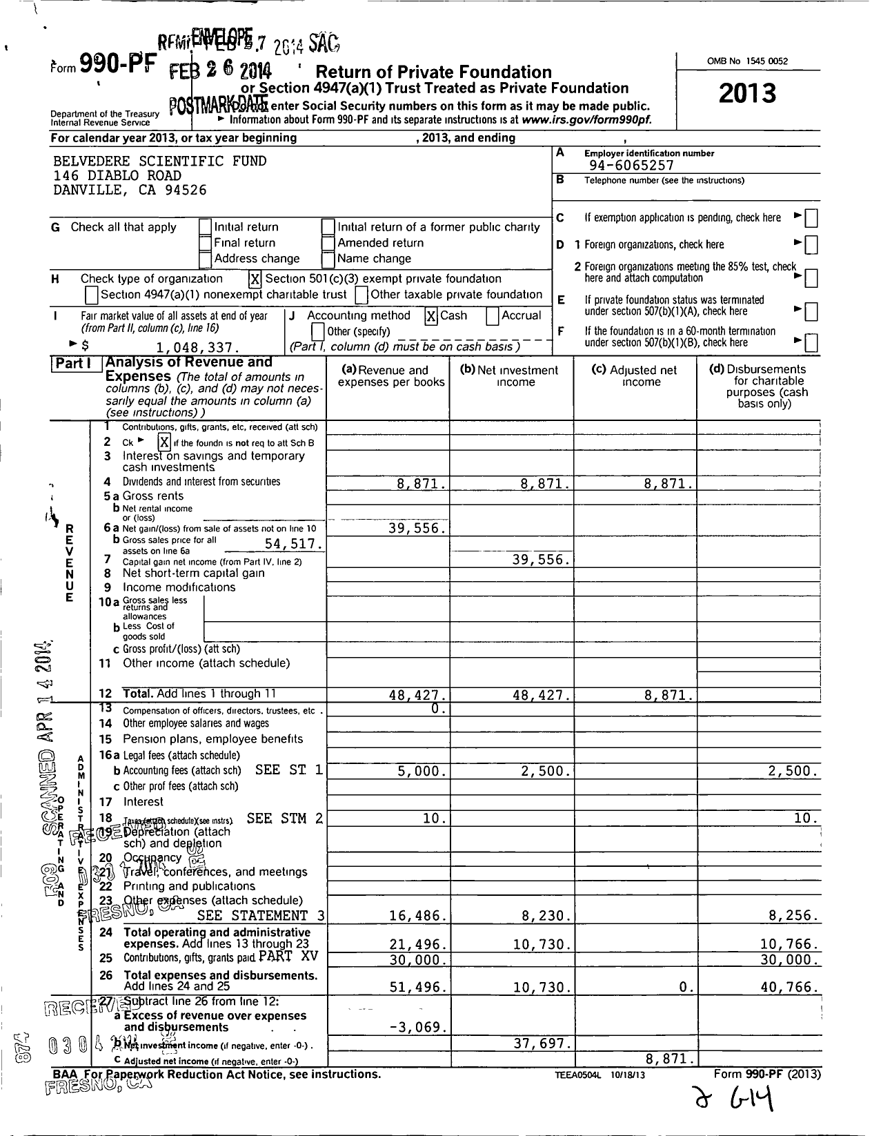 Image of first page of 2013 Form 990PF for Belvedere Scientific Fund