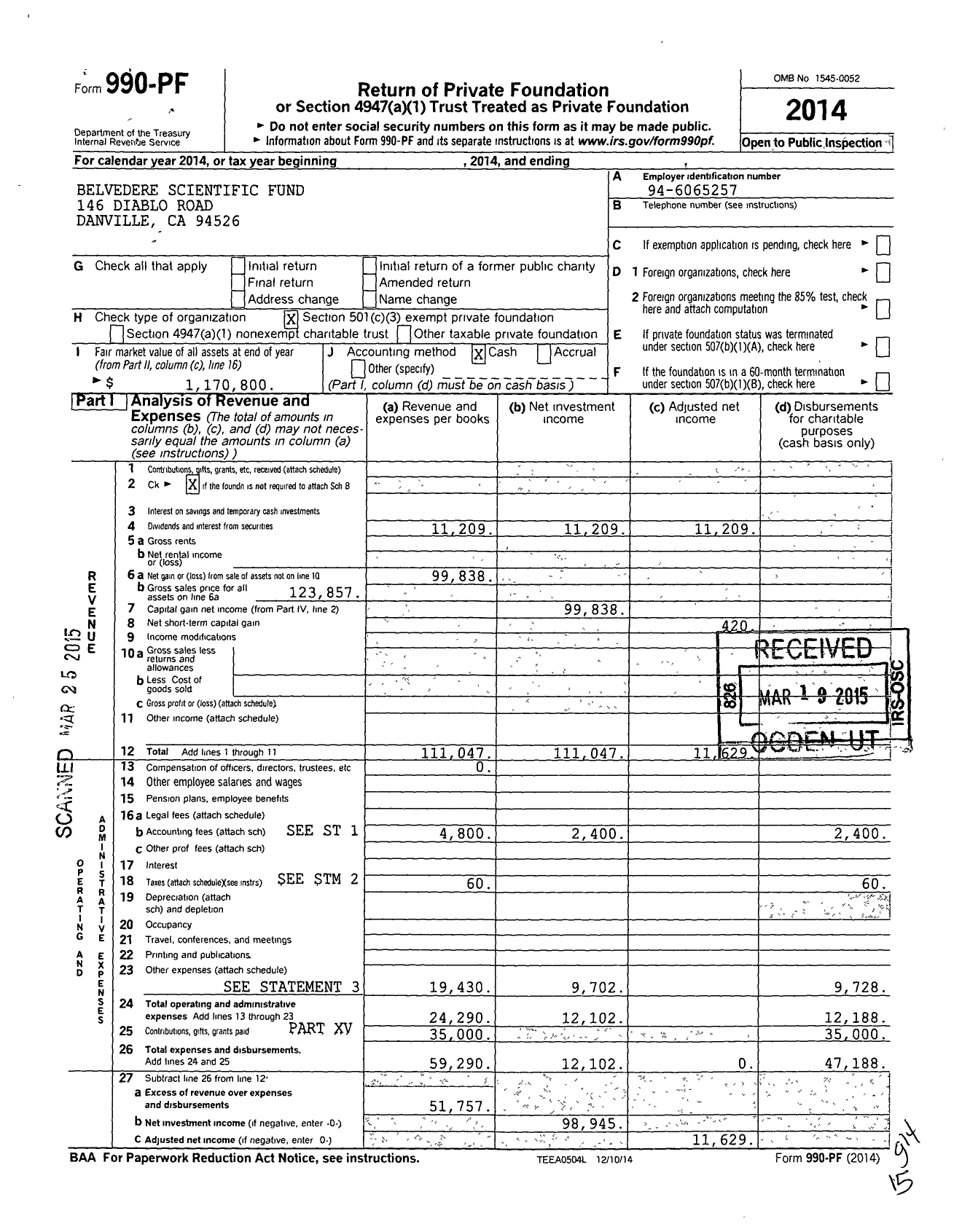 Image of first page of 2014 Form 990PF for Belvedere Scientific Fund