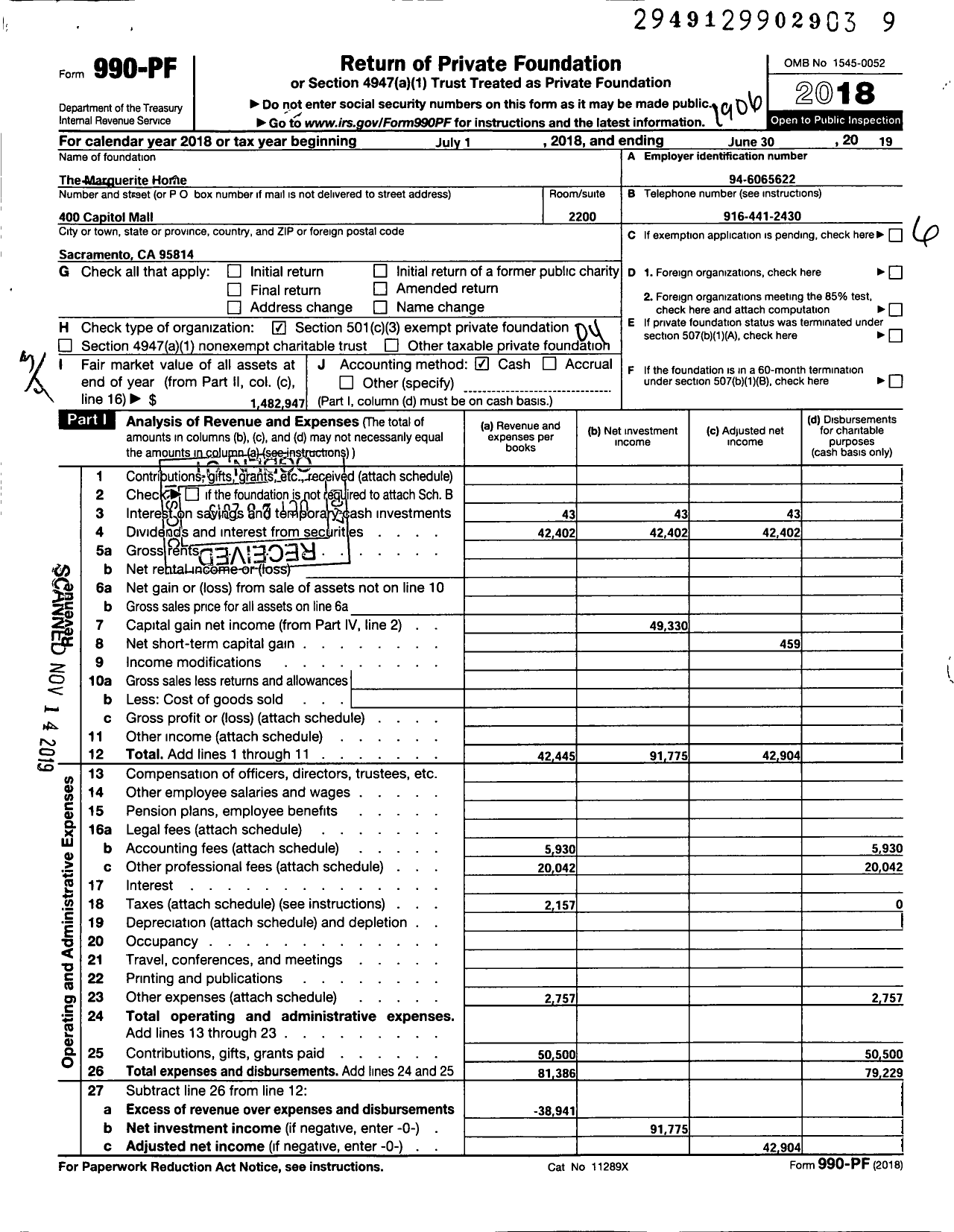 Image of first page of 2018 Form 990PF for The Marguerite Home