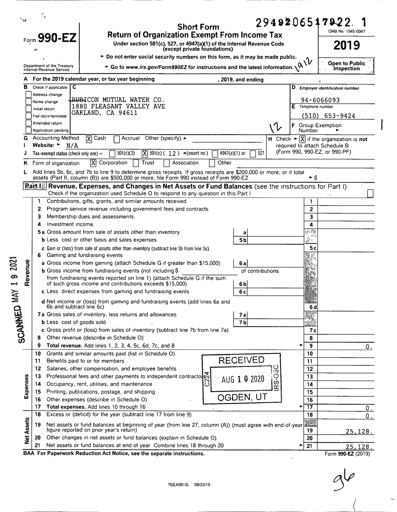 Image of first page of 2019 Form 990EO for Rubicon Mutual Water