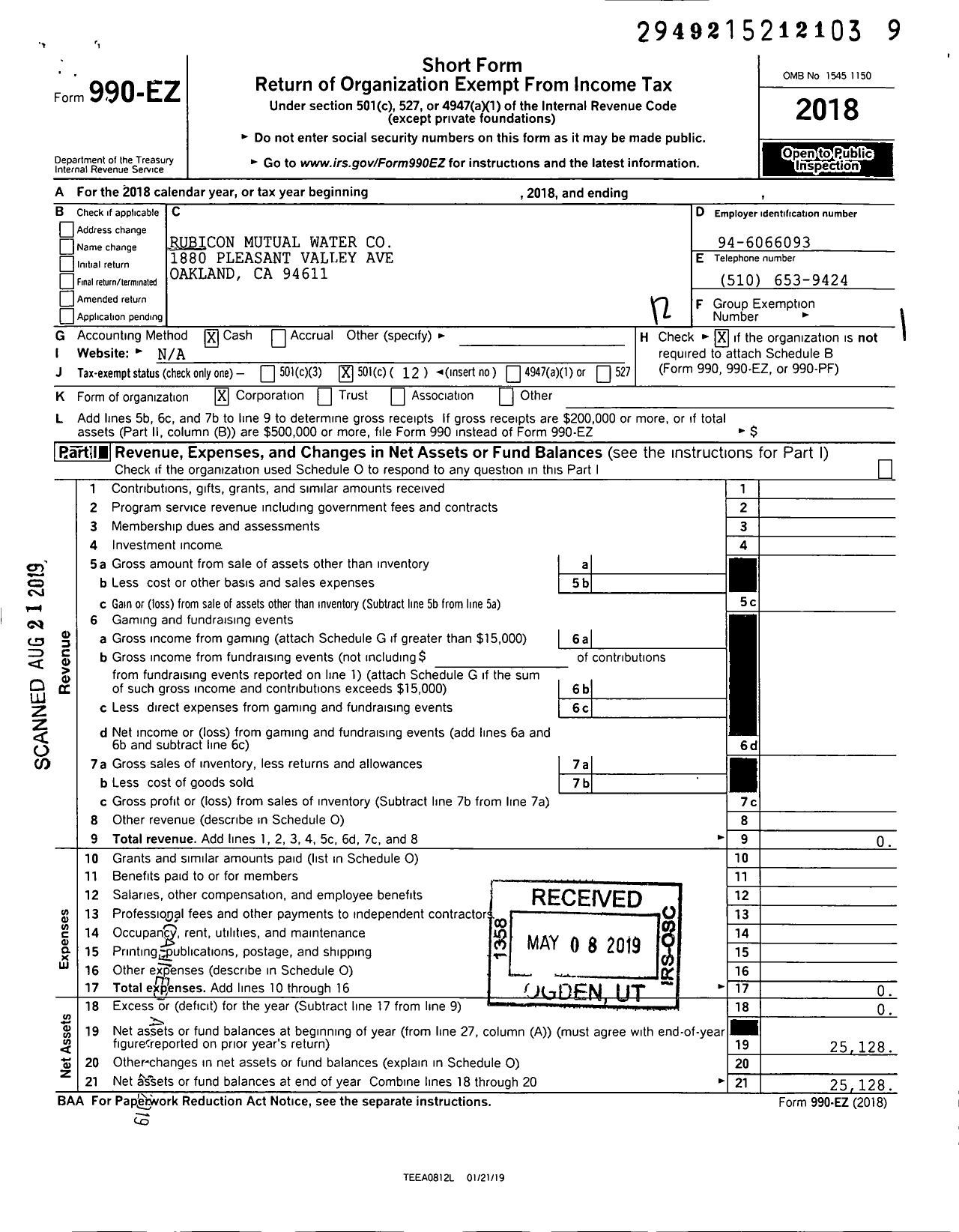 Image of first page of 2018 Form 990EO for Rubicon Mutual Water