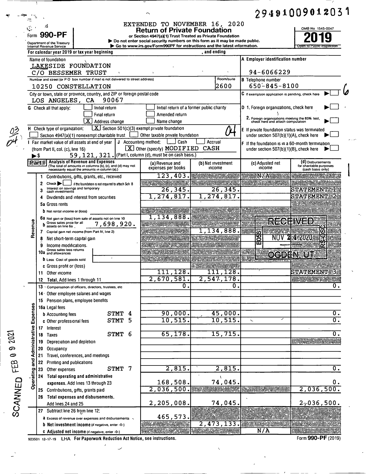 Image of first page of 2019 Form 990PF for Sutter Lakeside Hospital Foundation