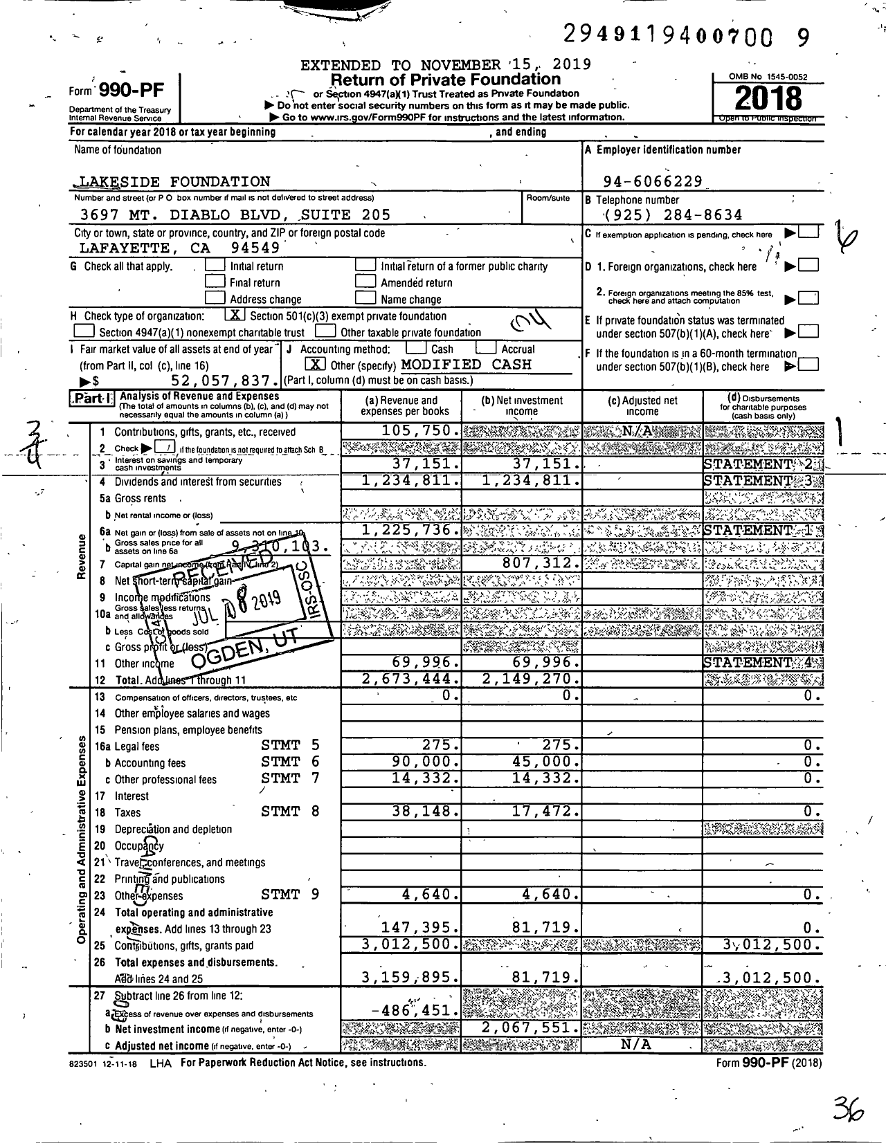 Image of first page of 2018 Form 990PF for Sutter Lakeside Hospital Foundation