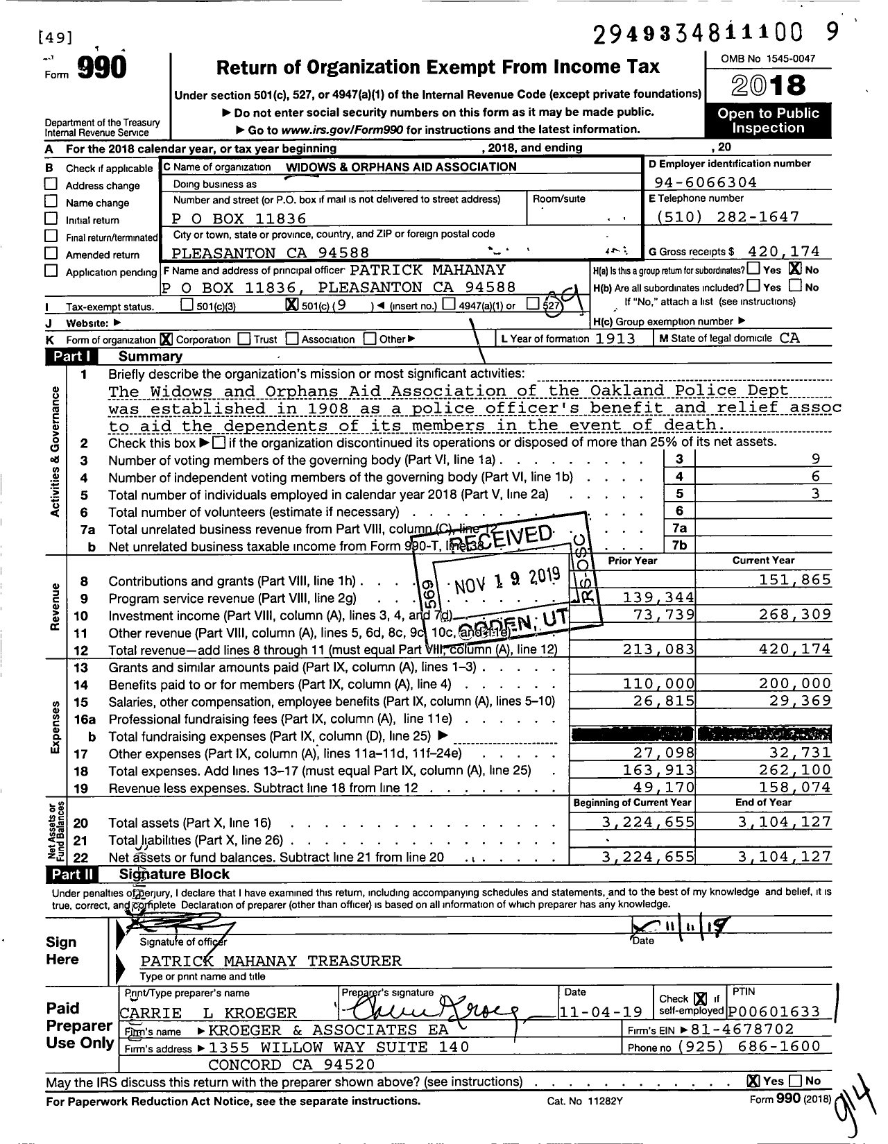 Image of first page of 2018 Form 990O for Widows and Orphans Aid Association of the Opd