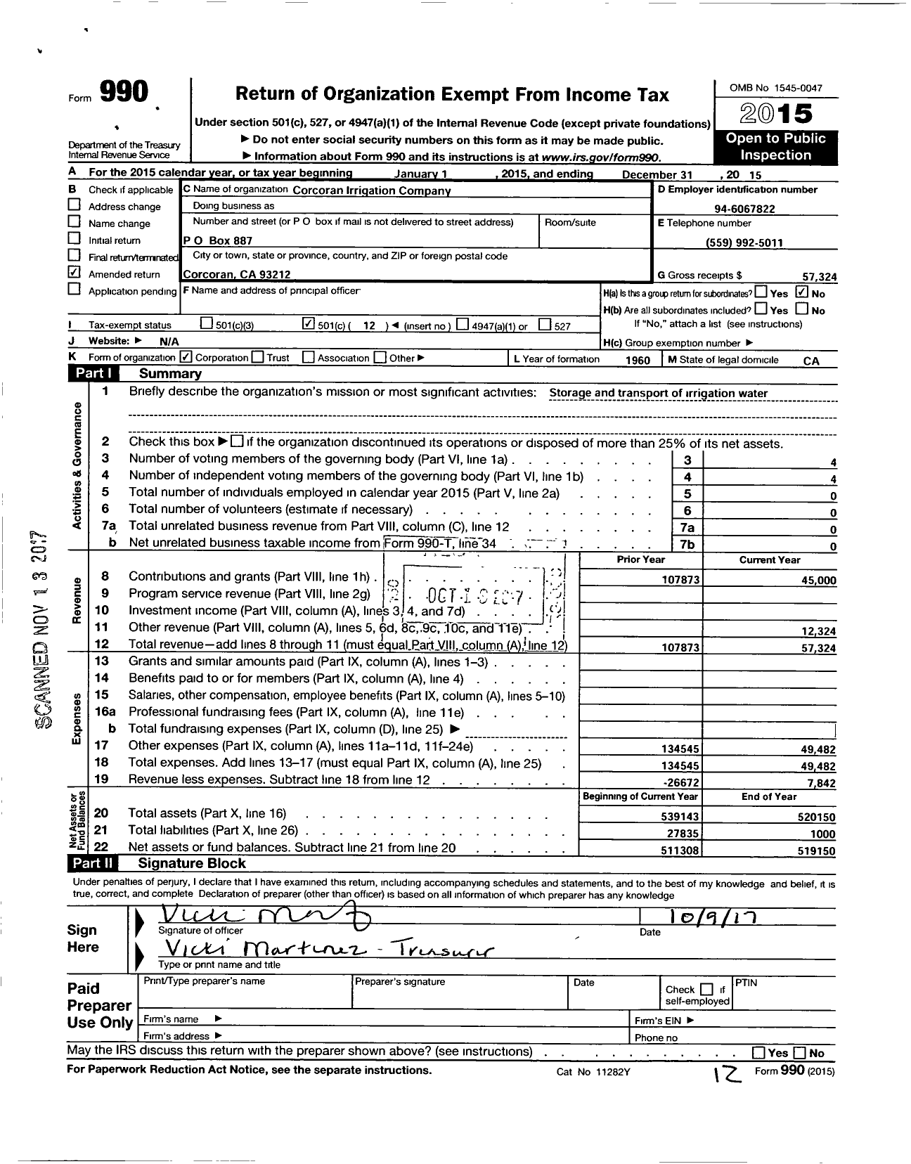 Image of first page of 2015 Form 990O for Corcoran Irrigation Company