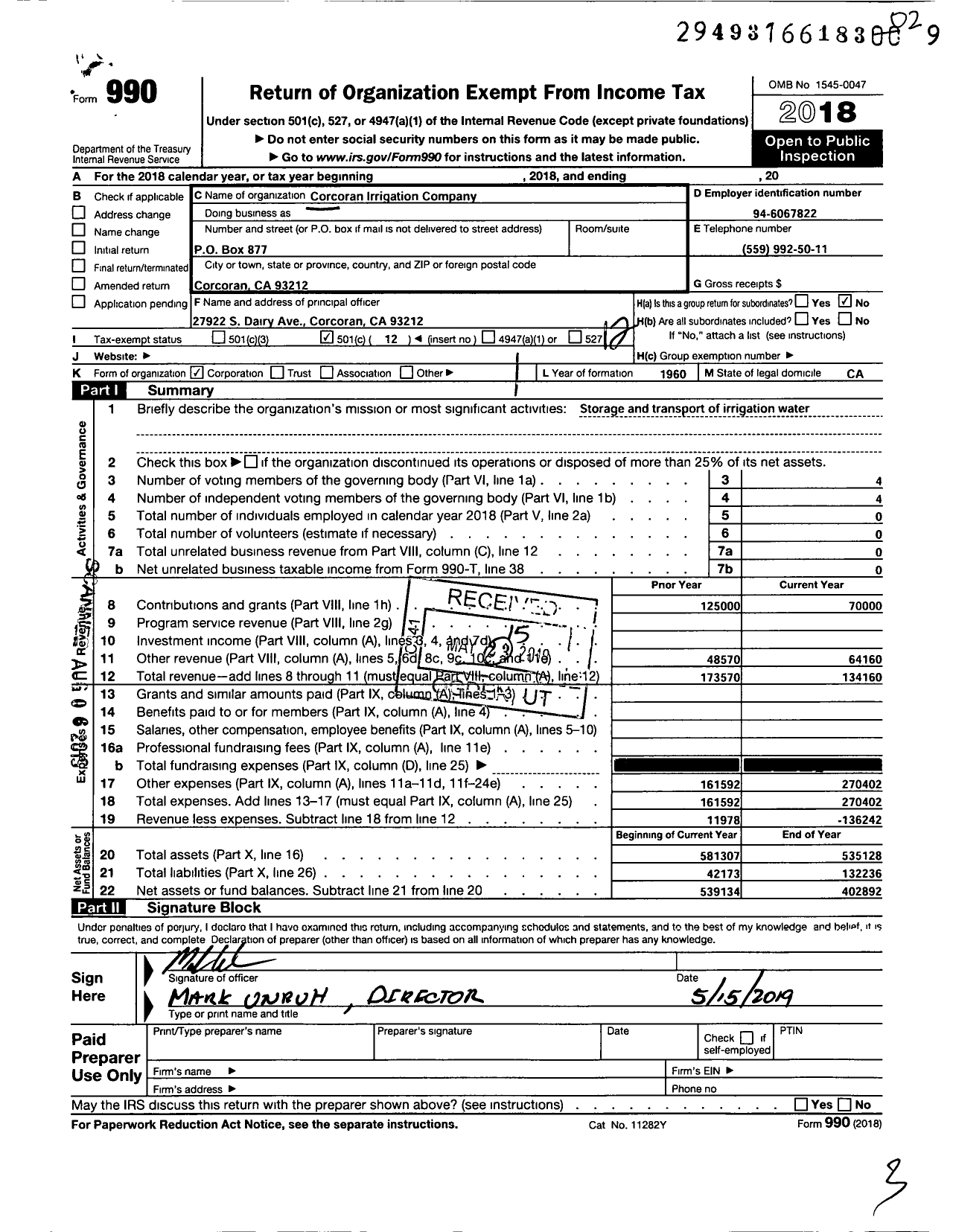 Image of first page of 2018 Form 990O for Corcoran Irrigation Company