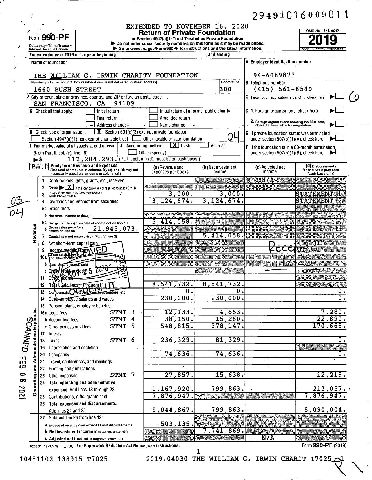 Image of first page of 2019 Form 990PF for William G. Irwin Charity Foundation