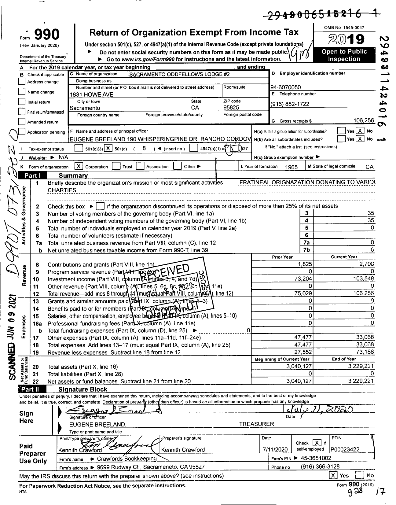 Image of first page of 2019 Form 990O for Independent Order of Odd Fellows - 2 Sacramento Lodge