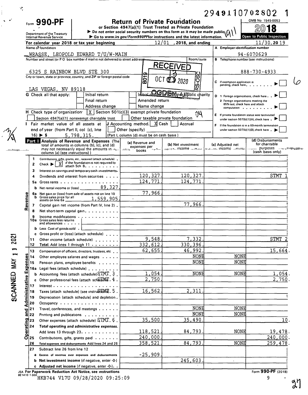 Image of first page of 2018 Form 990PF for Wrasse Leopold Edward Tuw-Main