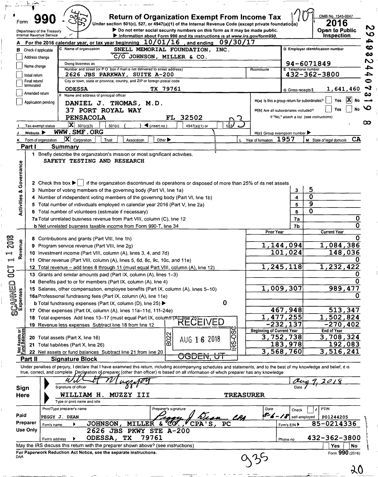 Image of first page of 2016 Form 990 for Snell Foundation