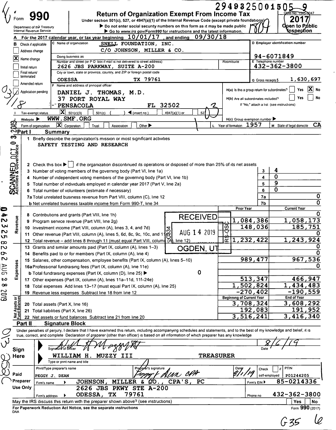 Image of first page of 2017 Form 990 for Snell Foundation