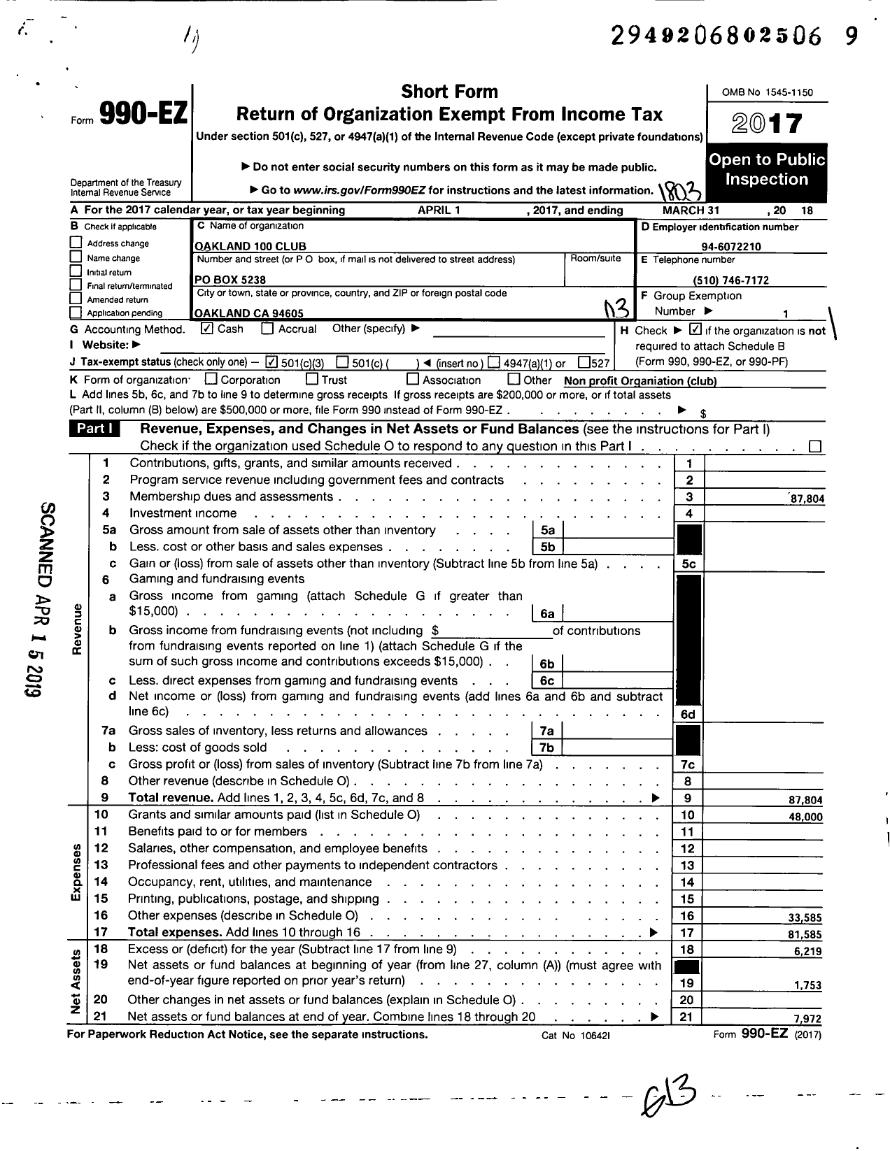 Image of first page of 2017 Form 990EZ for Oakland 100 Club