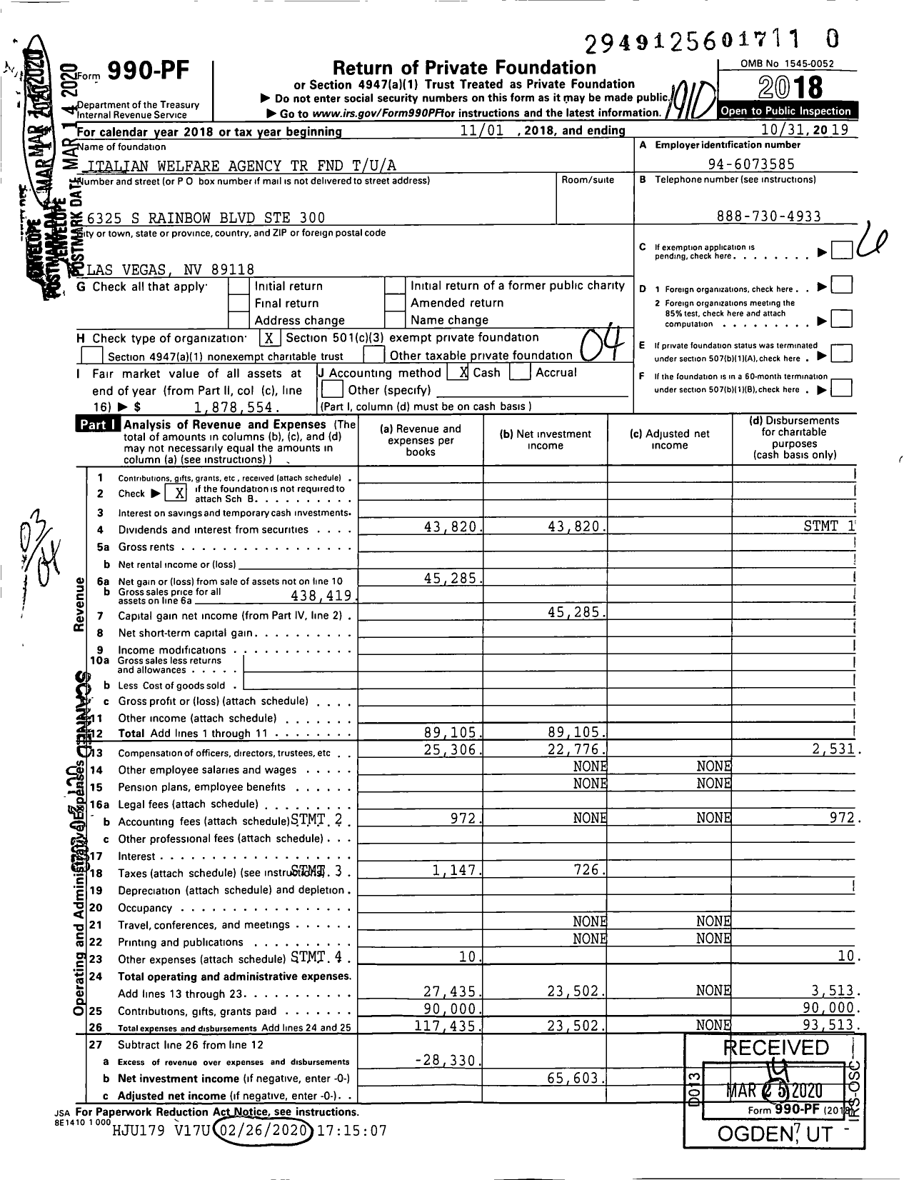 Image of first page of 2018 Form 990PR for Italian Welfare Agency TR FND Tua