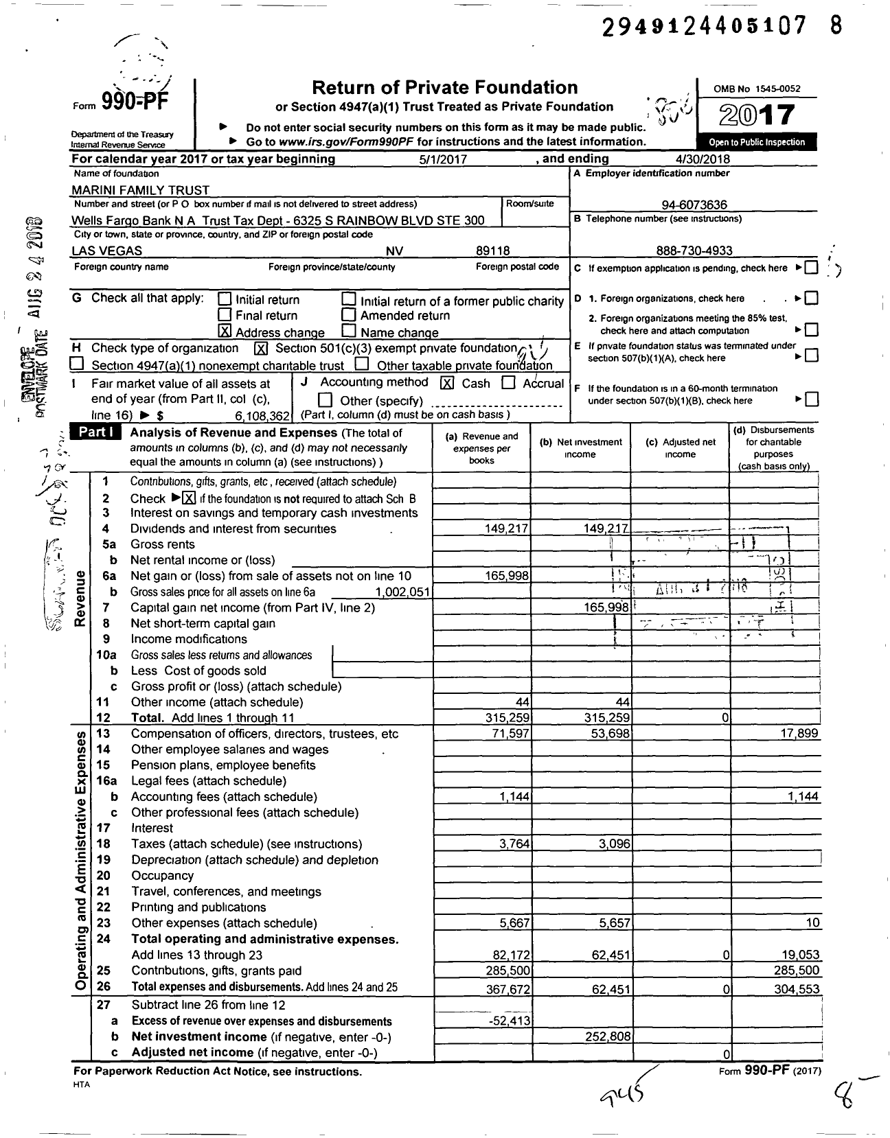 Image of first page of 2017 Form 990PF for Marini Family Trust