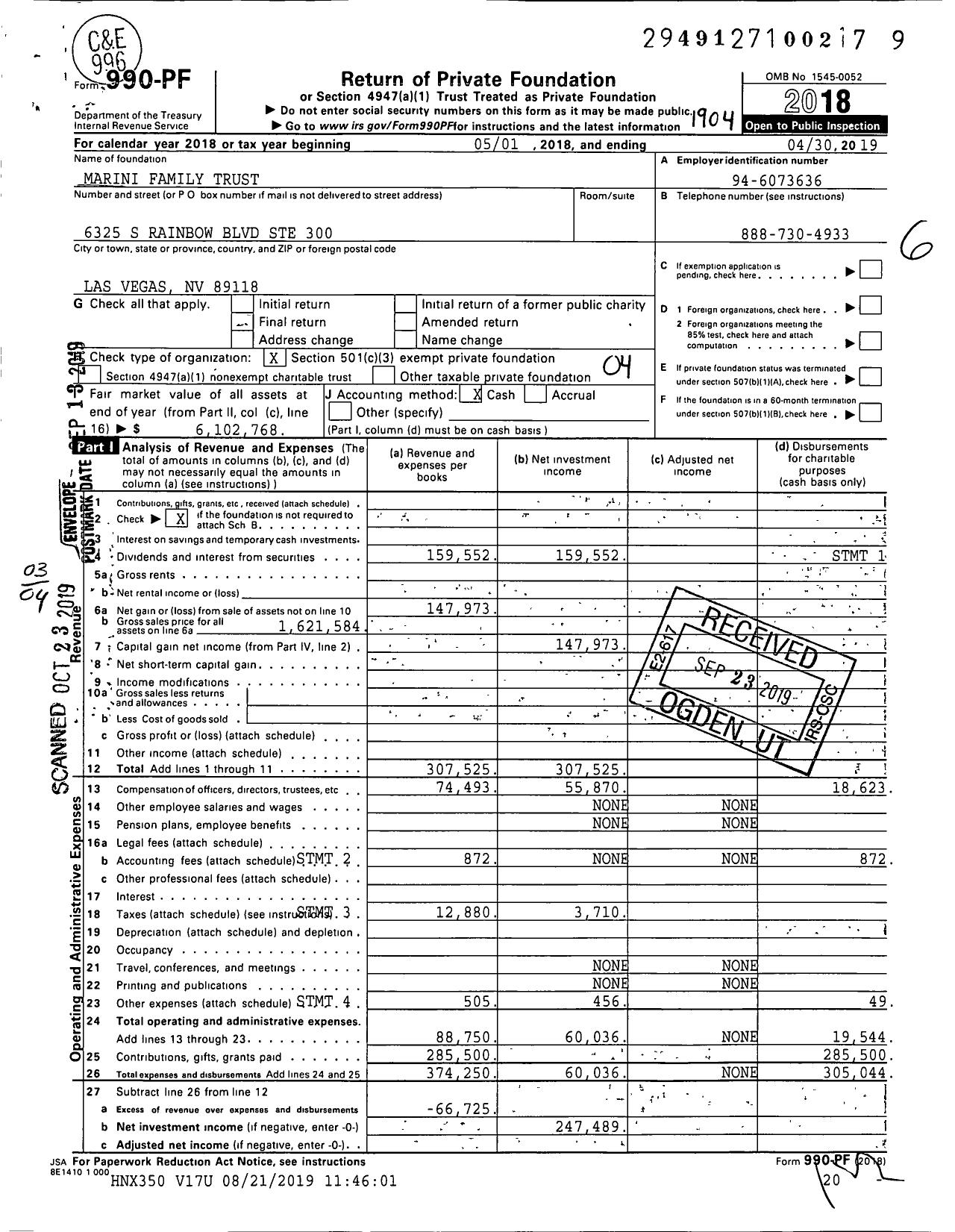 Image of first page of 2018 Form 990PF for Marini Family Trust