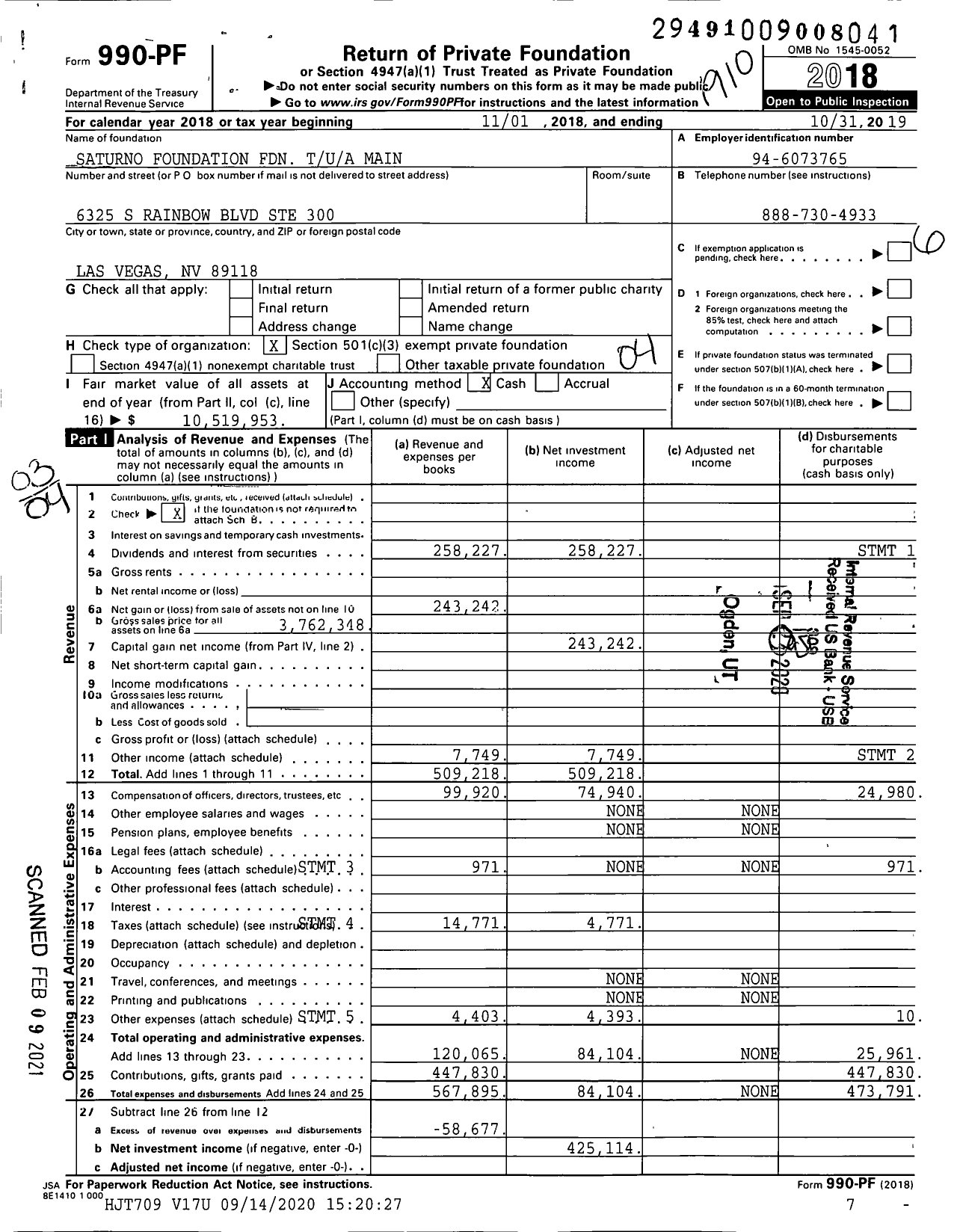 Image of first page of 2018 Form 990PF for Saturno Foundation Foundation Tua Main